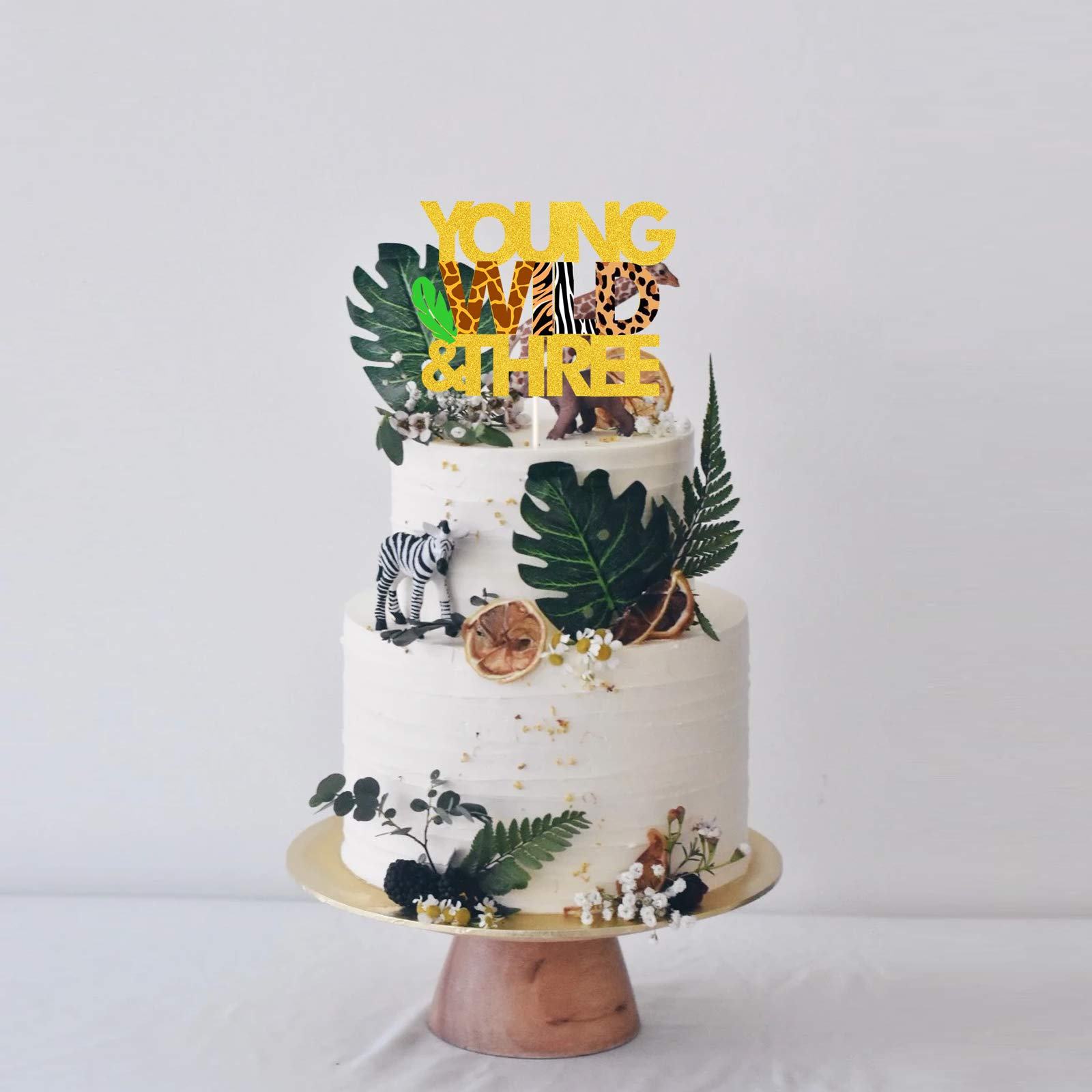 Wild Safari Jungle Animal Cake Topper - Happy 3rd Birthday Cake Decorations, Gold Glitter Baby Shower Party Supplies for Kids Birthday & Jungle Theme Celebrations