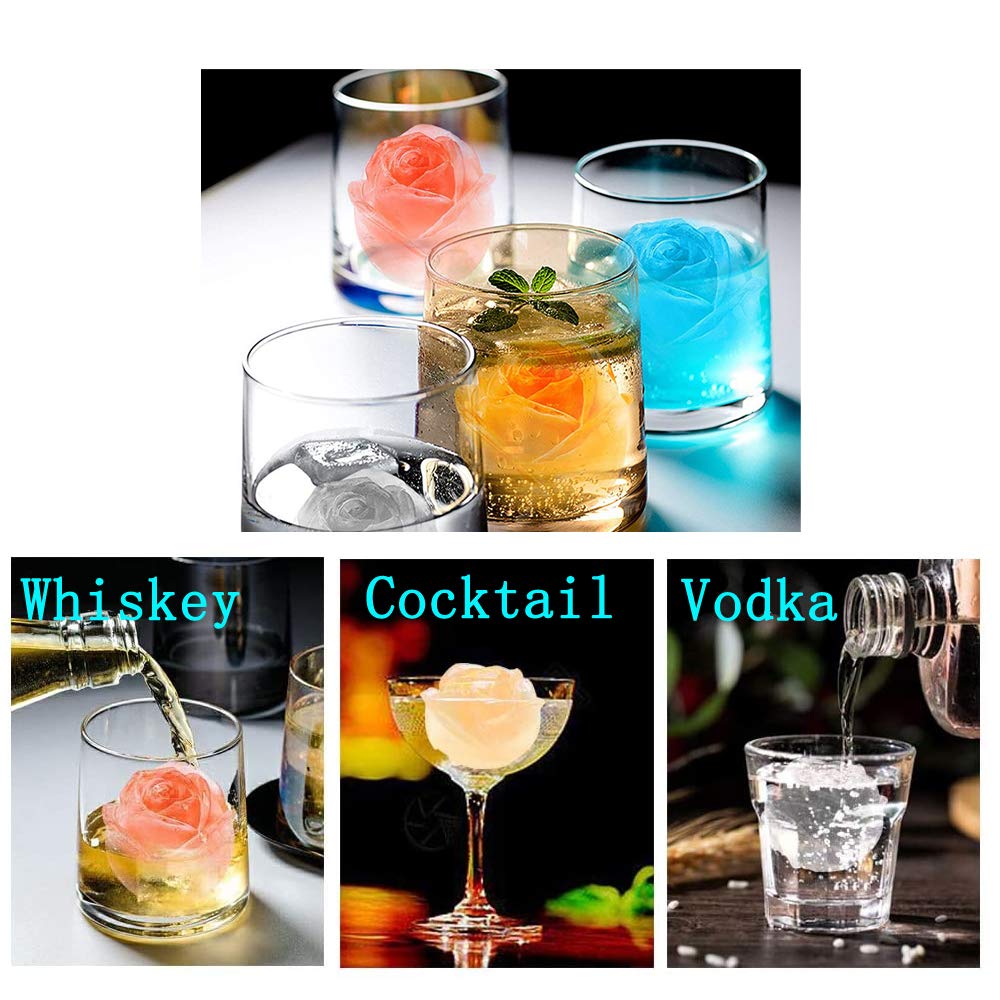 2 Pack 3D Rose Ice Cube Molds - 2 Inch Silicone Rose Shaped Ice Ball Maker for Whiskey, Cocktails, Bourbon, Chilled Drinks & Homemade Juice - Perfect for Romantic Date Nights, Parties & Home Bars
