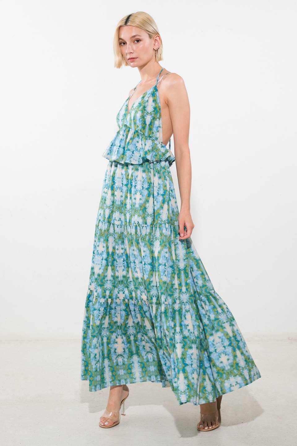 MOONLIGHT WHISPER PEPLUM MAXI DRESS in Blue | Elegant Flowy Women's Evening Gown for Parties, Weddings & Special Occasions