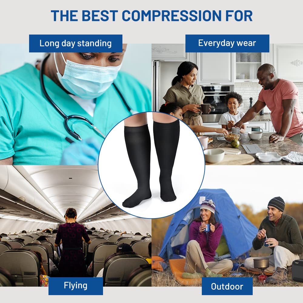AKSO MEDICOS 20-30 mmHg Compression Socks for Women & Men - Plus Size Wide Calf Knee High Support Stockings for Varicose Veins, Swelling, Edema & Circulation - Black 7XL - Ideal for Travel, Nursing & Long Hours Standing