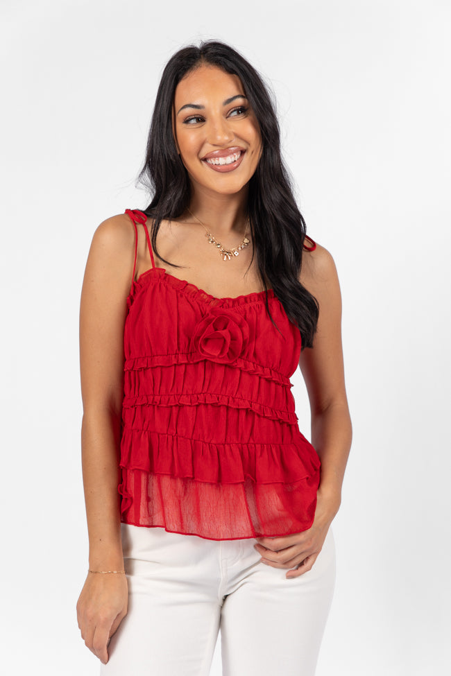 Promise To Another Red Rosette Tie Sleeve Tank Top - Women's Fashion Blouse for Parties & Date Nights - FINAL SALE