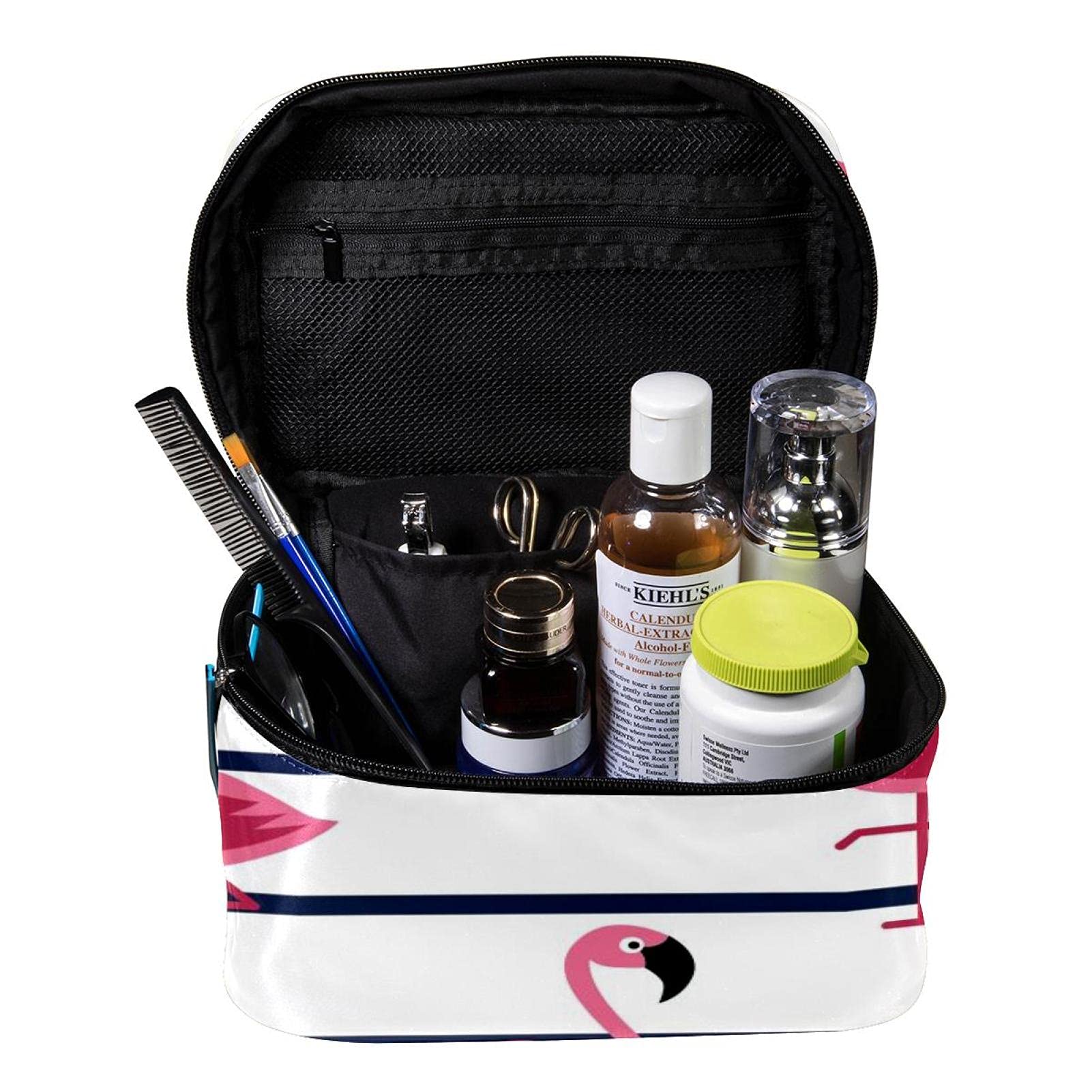 Large Tropical Flamingo Print Travel Makeup Bag with Black Stripes - Waterproof Cosmetic Organizer Case with Zipper for Women & Girls - Perfect for Vacation, Gym, Beach Trips & Daily Essentials Storage