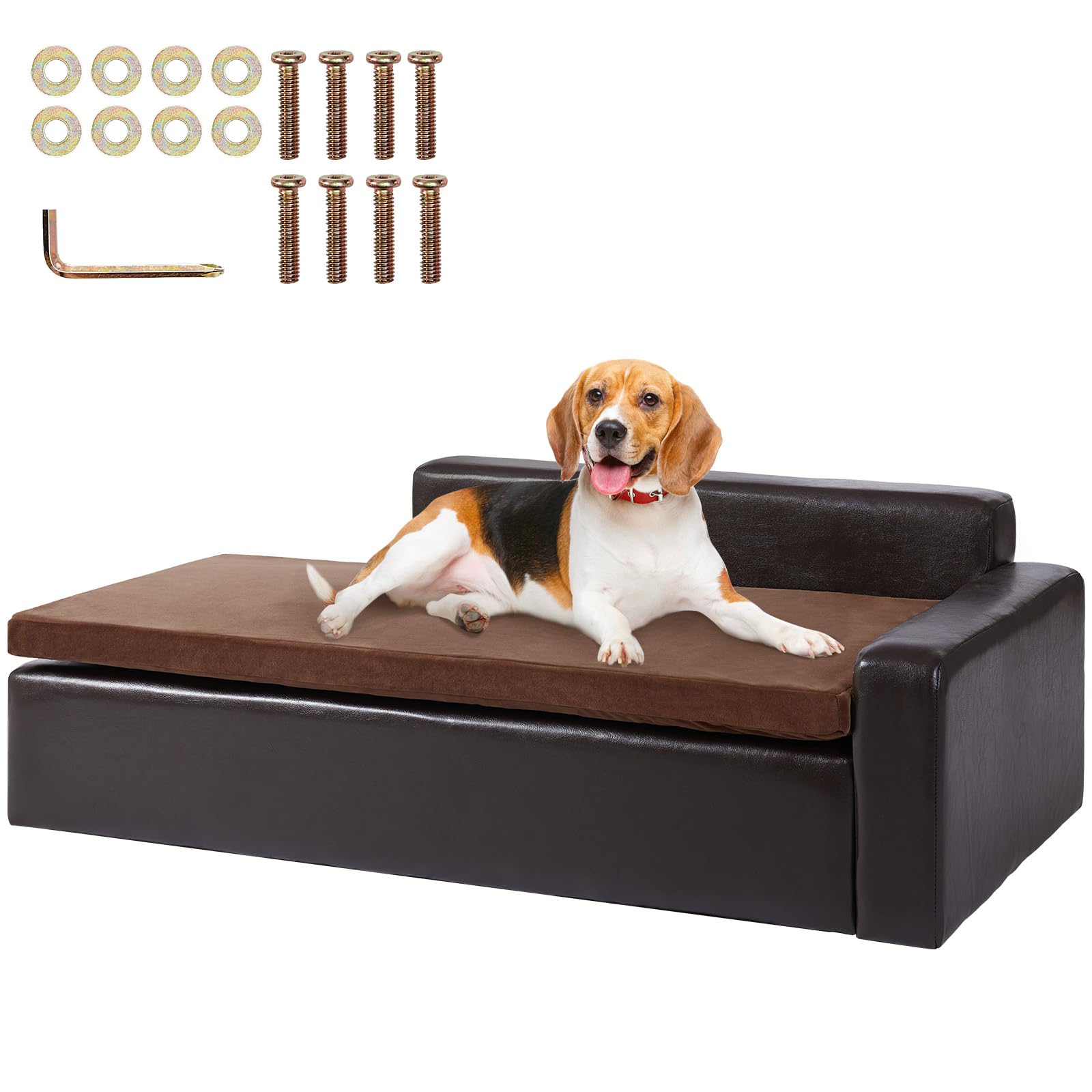 VEVOR Pet Sofa Bed for Small Dogs & Cats - Soft Leather Dog Couch with 60 lbs Weight Capacity, Brown - Cozy Pet Furniture for Living Room, Bedroom & Office