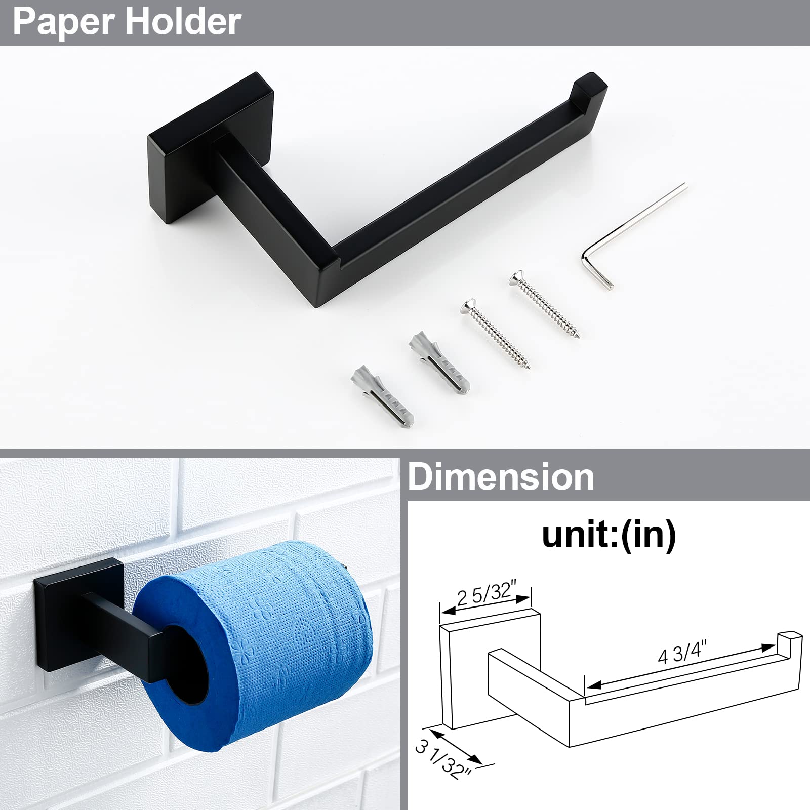 Premium Matte Black Bathroom Accessories Set - 4 Piece Stainless Steel Towel Holder & Wall Mounted Rack - Heavy Duty Square Bathroom Hardware for Modern Homes (Ideal for Bathroom, Spa & Guest Room Decor)