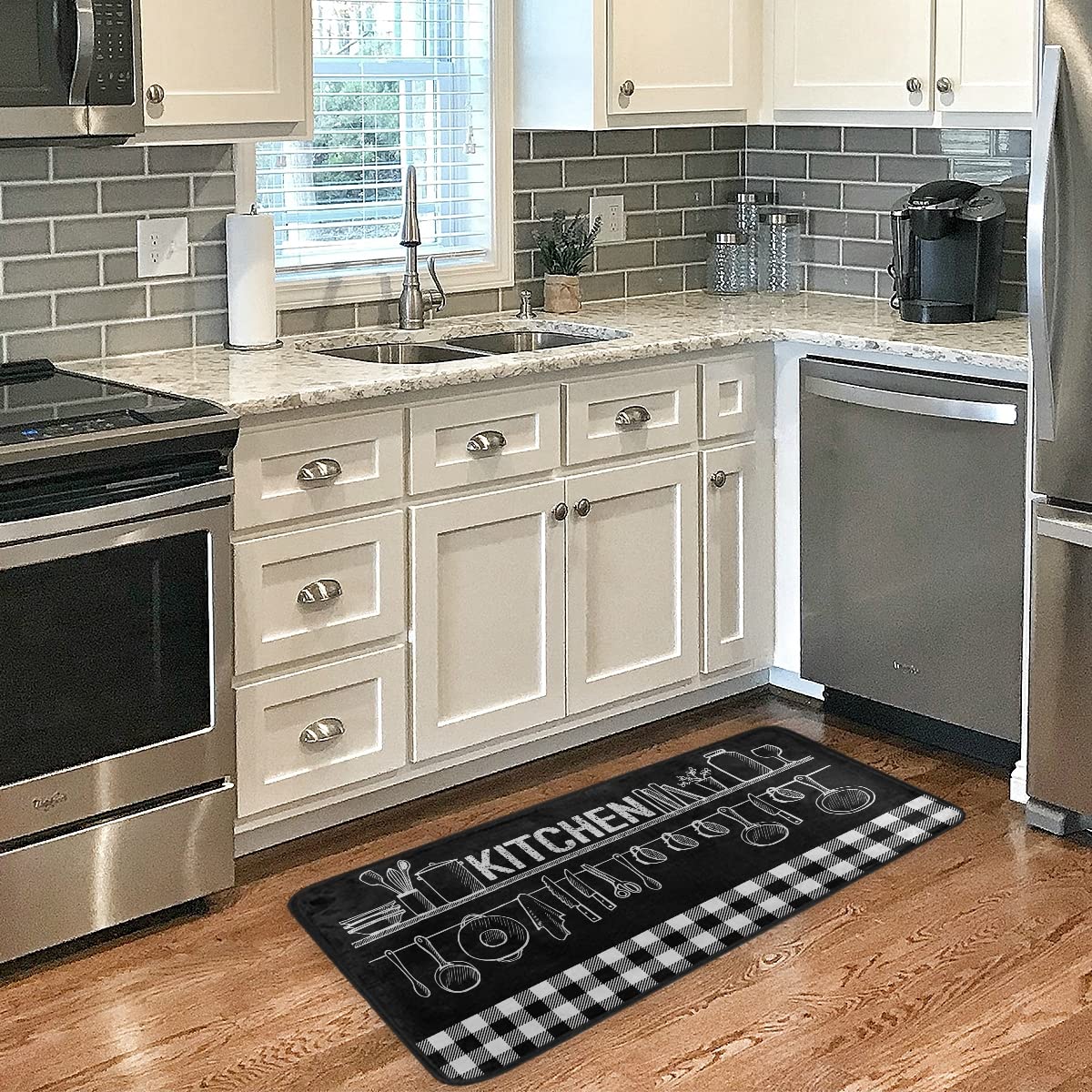 Buffalo Plaid Black Kitchen Rug - Washable Anti-Fatigue Floor Mat with Non-Slip Backing for Kitchen, Dining Room & Entryway - Soft Comfort Cushion for Standing & Cooking