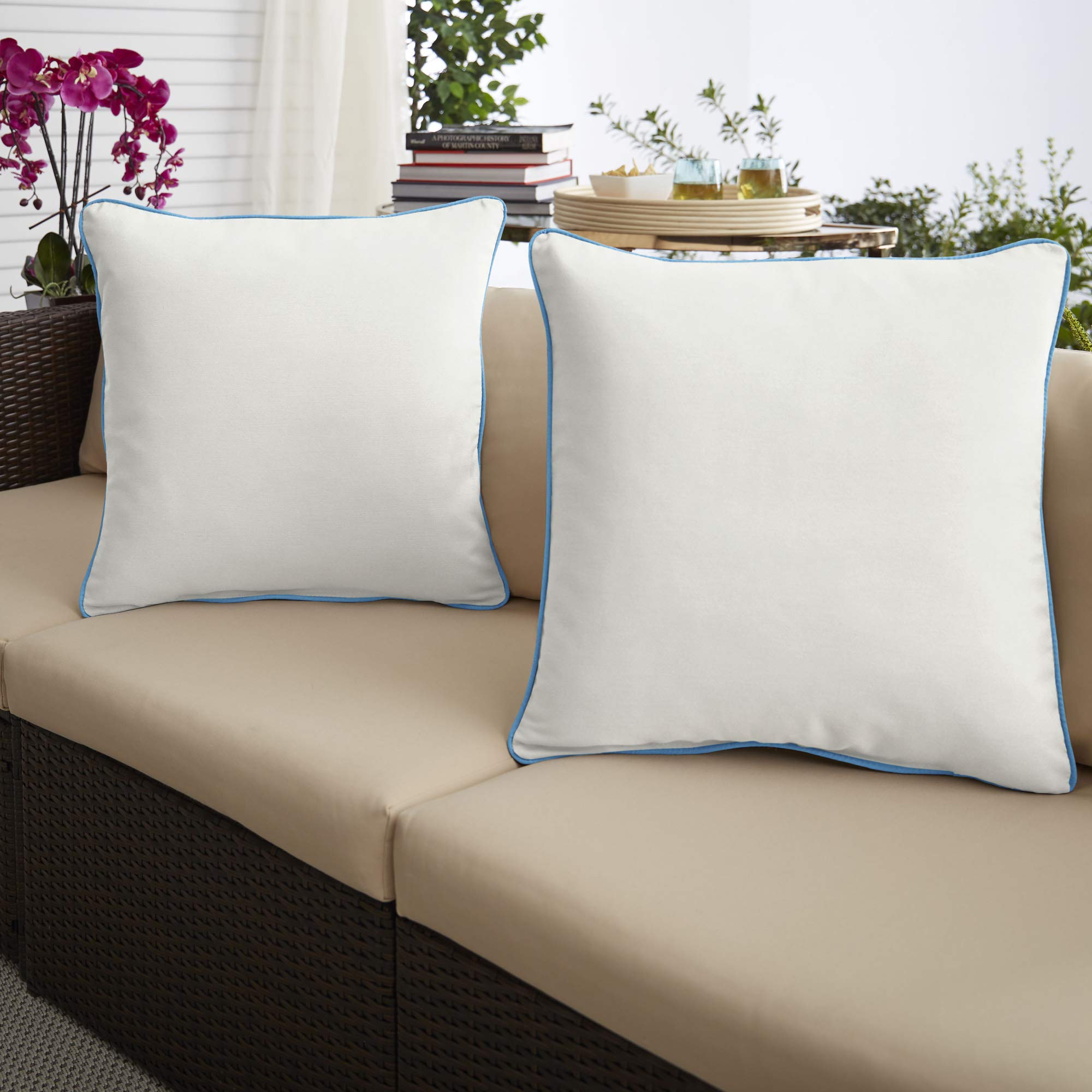 Set of 2 18-Inch Natural White & Capri Blue Outdoor Square Throw Pillows - Waterproof & UV Resistant for Patio, Poolside, and Garden Decor