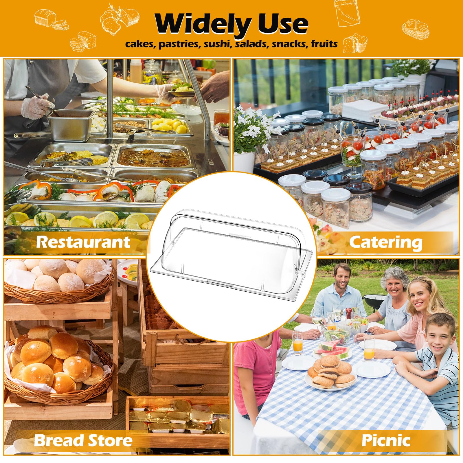 4-Piece Clear Plastic Chafing Dish Cover - Full Size Roll Top Bakery Pan Display for Desserts, Cakes & Cupcakes | Commercial Food Service, Buffet Display, Bakery Exhibition
