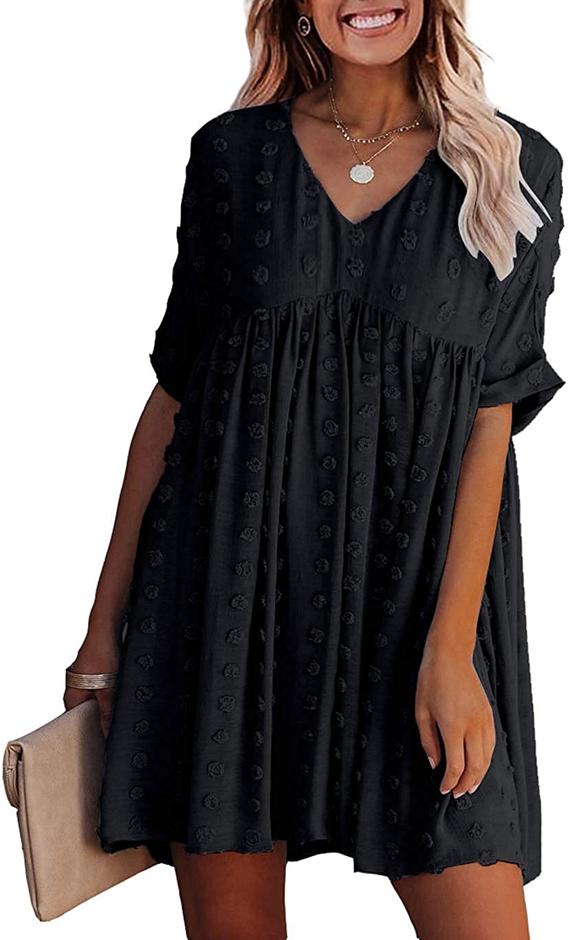OURS Women's Summer Short Sleeve Flowy Mini Dress - V Neck Sexy Short Dress with Loose Swiss Dot Design | Perfect for Beach Vacations, Date Nights & Casual Outings