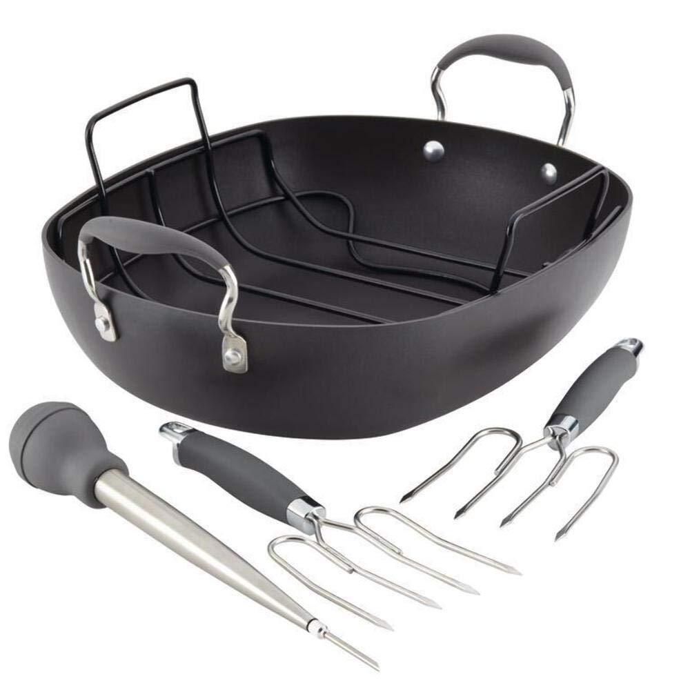 Anolon Advanced Hard Anodized Nonstick 16x13 Inch Roaster Pan Set with Utensils - Gray | Oven Safe Roasting Pan for Turkey, Chicken & Vegetables | Perfect for Holiday Dinners & Family Meals