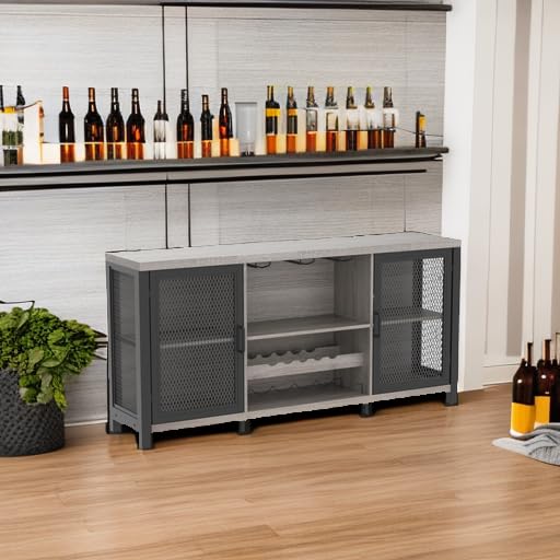 Industrial Coffee Bar Cabinet with Storage Rack - Rustic Light Gray Oak Sideboard Buffet for Liquor, Wine & Glasses - 55 Inch Kitchen Dining Room Console for Home Entertaining & Hosting Parties