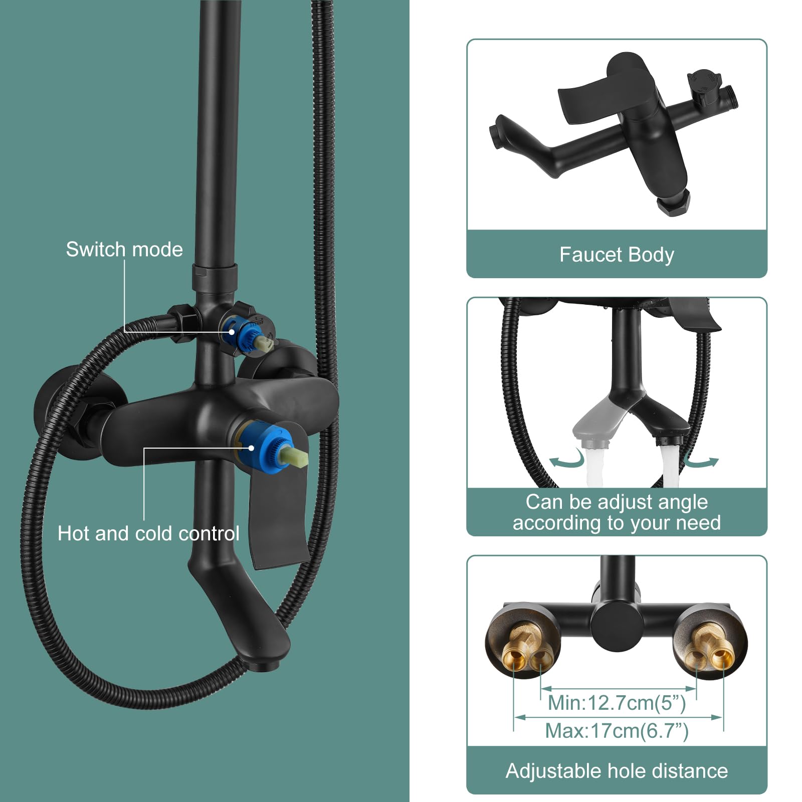 Matte Black Rain Shower System Set - 3 Function Exposed Shower Faucet with 8 Inch Swivel Rainfall Shower Head & Handheld Sprayer - Complete Bathroom Shower System with Wall Mount Tub Spout - Perfect for Modern Master Bathrooms and Spa-Like Showers