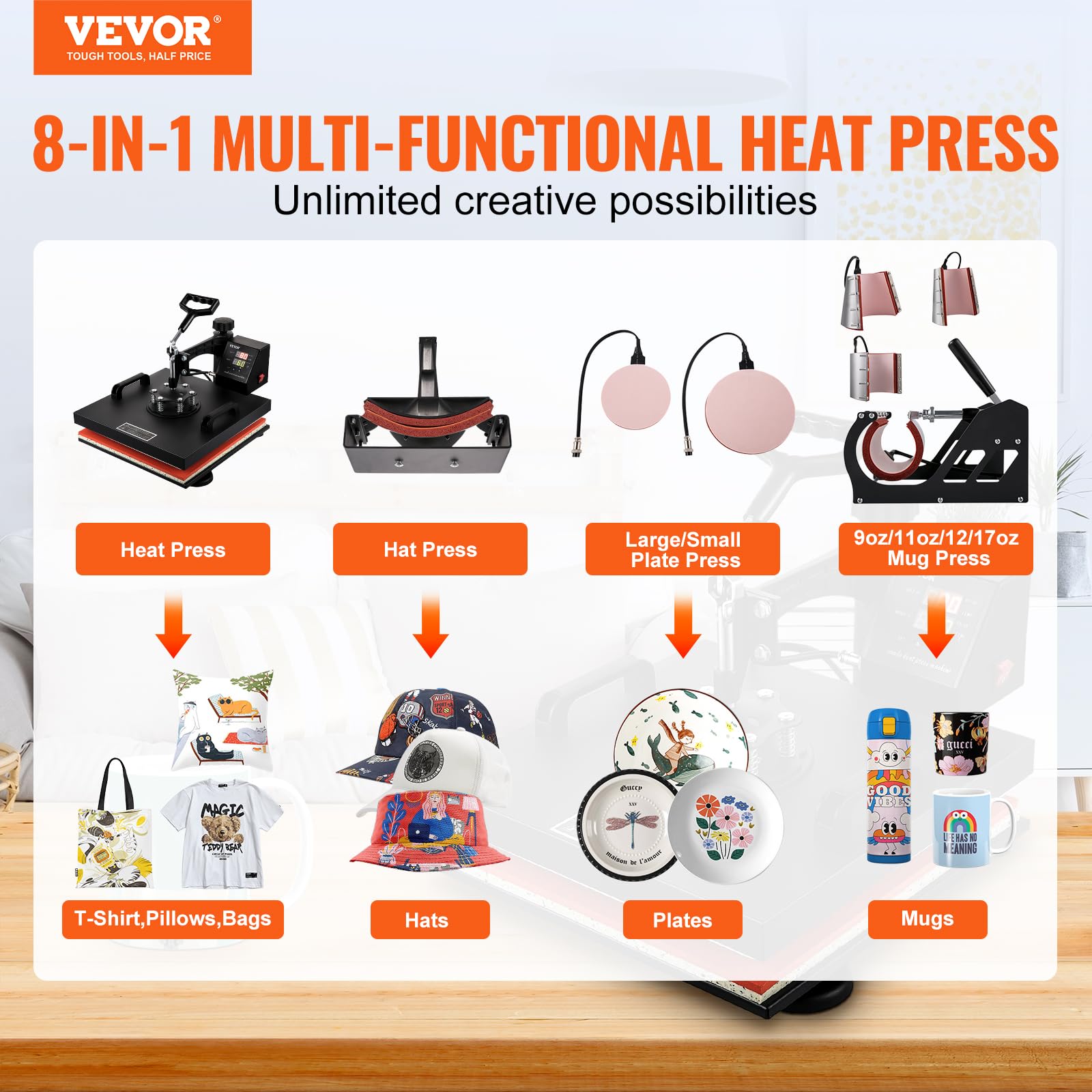 VEVOR 15x15 Inch 8-in-1 Digital Heat Press Machine with 360° Swing Away - Multifunction T-Shirt, Mug, Hat & Plate Sublimation Transfer Press for DIY Crafts, Custom Apparel & Small Business Use