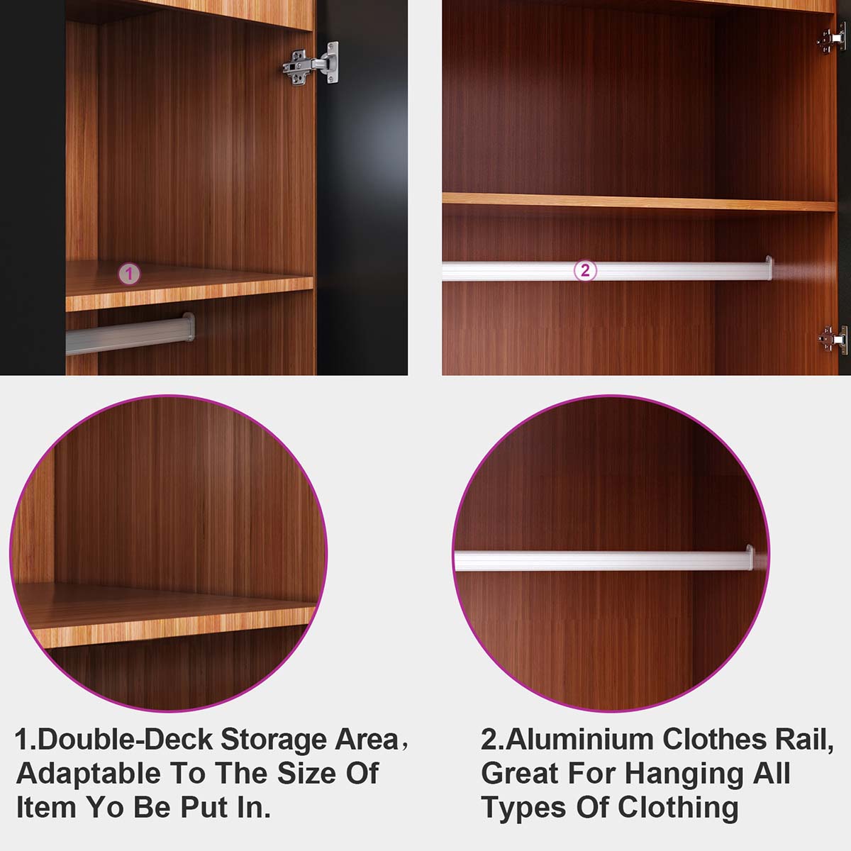 2 Door Wardrobe with Mirror - High Gloss Finish Large Storage Cabinet for Bedroom & Closet Organization - Modern Furniture for Home & Office Use