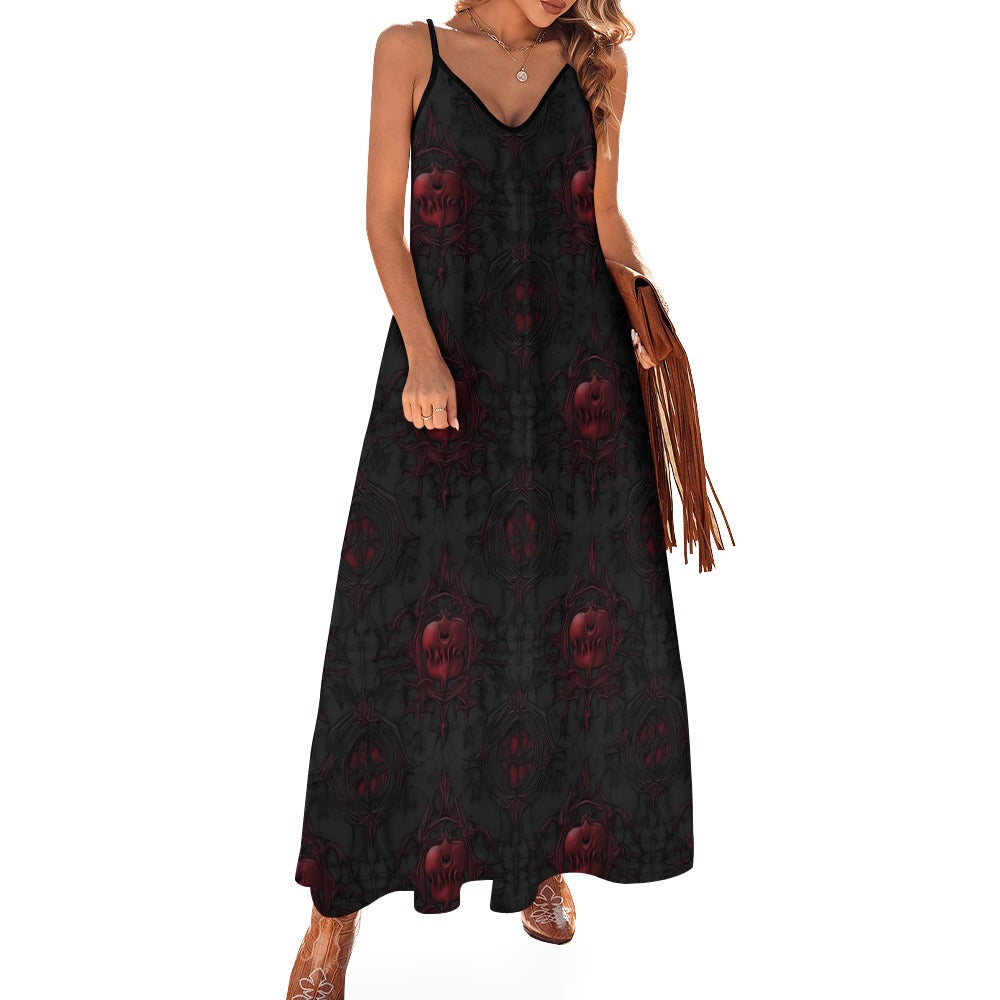 Deathly Apples Sling Ankle Long Dress - Elegant Gothic Maxi Dress for Women | Perfect for Halloween, Cosplay & Evening Parties