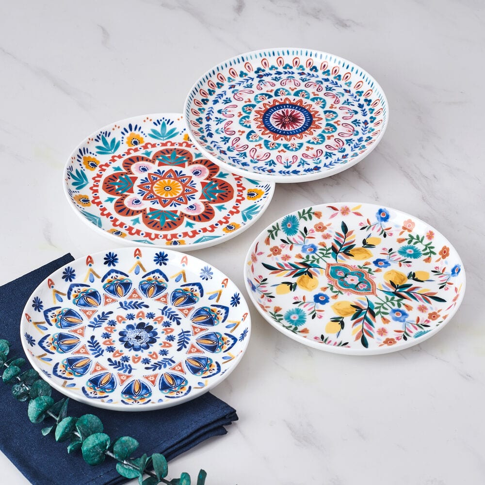 Hand-Painted Decorative Medallion Appetizer Plates - Set of 4 for Elegant Dinner Parties, Cocktail Events & Home Decor