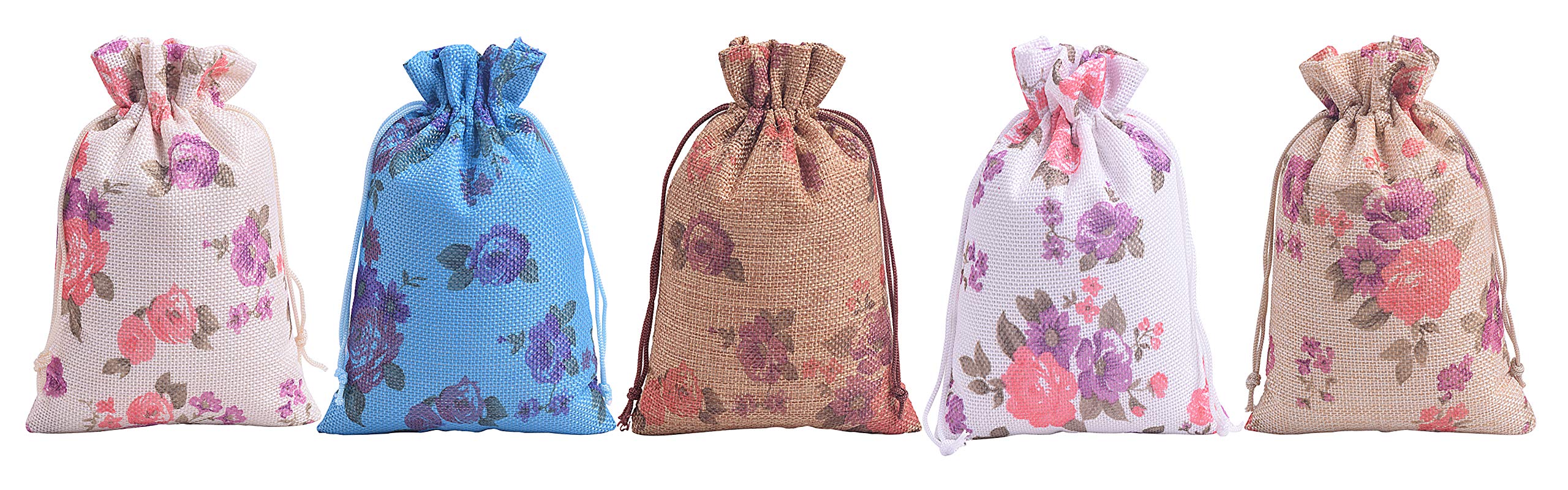 Premium 20-Piece Drawstring Burlap Gift Bags Set - 5.2x6.8 Inch Mixed Floral Pattern Jute Pouches for Jewelry, Party Favors, Wedding, Birthday & Holiday Gift Wrapping - Eco-Friendly Packaging for Small Items & Party Decorations