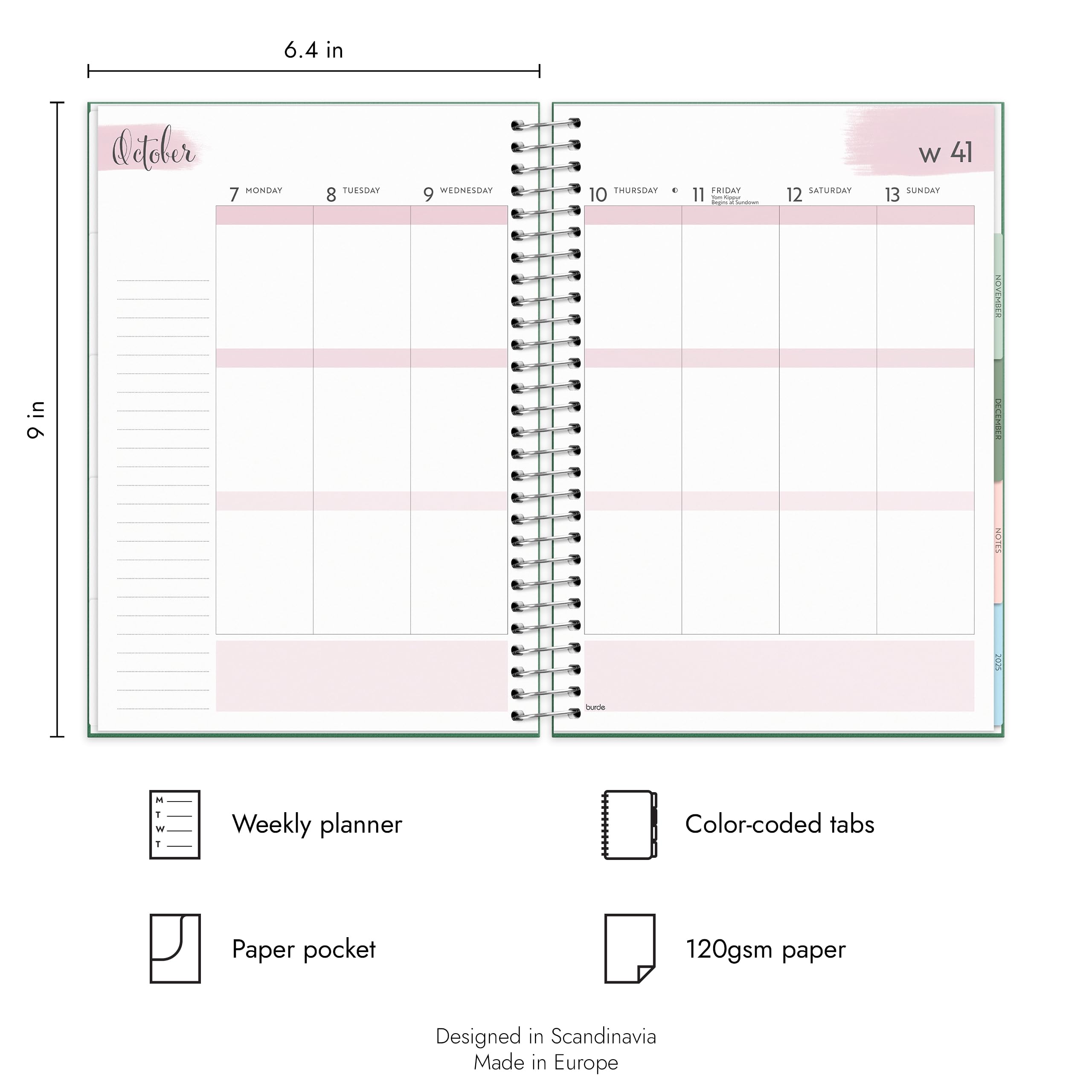 Burde Planner 2024-2025 - Green Hardcover Life Organizer with Silver Spiral Binding | Daily Weekly Monthly Planner & Scheduler | Thick Paper | Perfect for Work, School, and Personal Goal Tracking