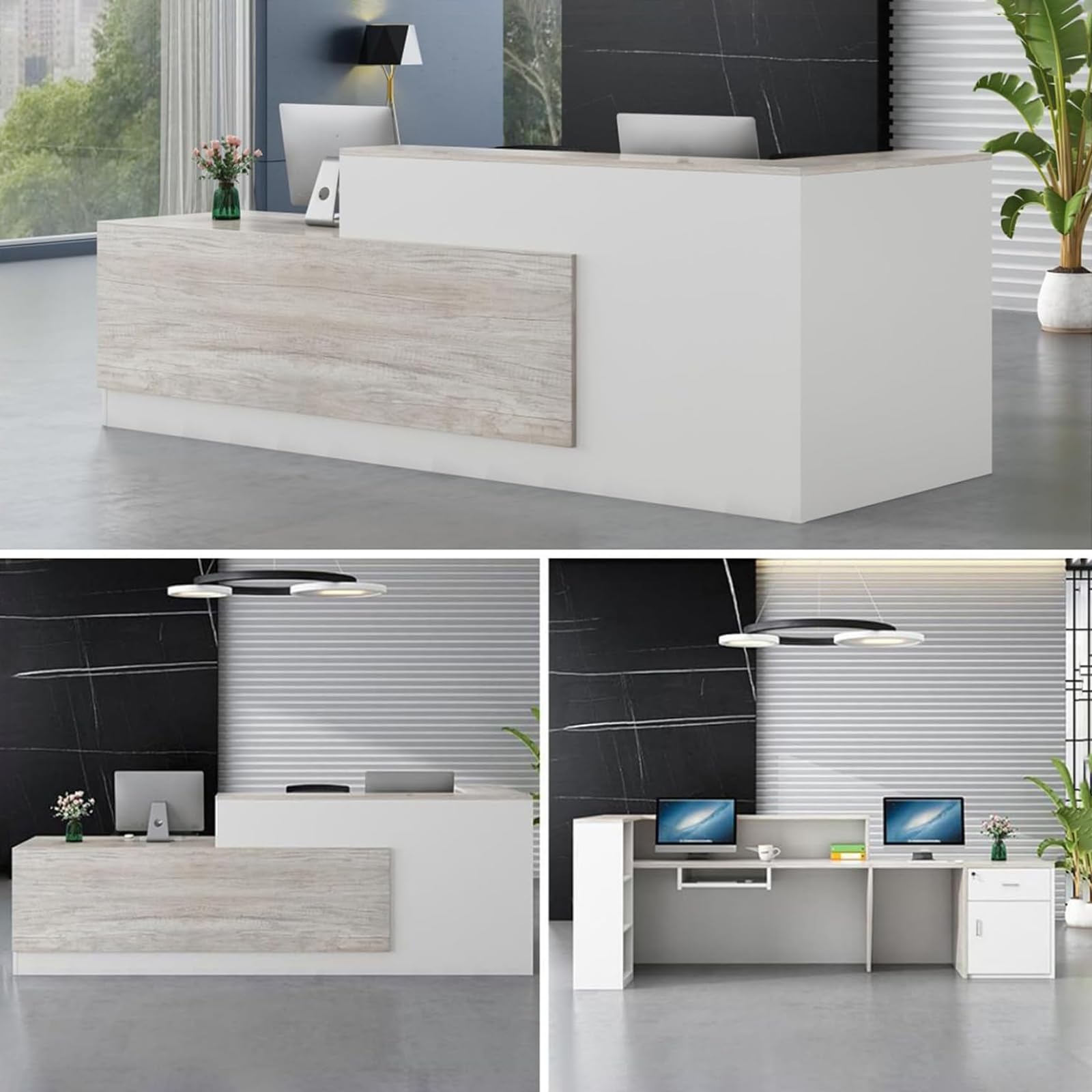 Modern Reception Desk with Open Shelves & Lockable Drawers - Stylish Computer Desk for Salon, Lobby, Hotel Checkout & Office - Perfect for Professional Spaces & Home Offices