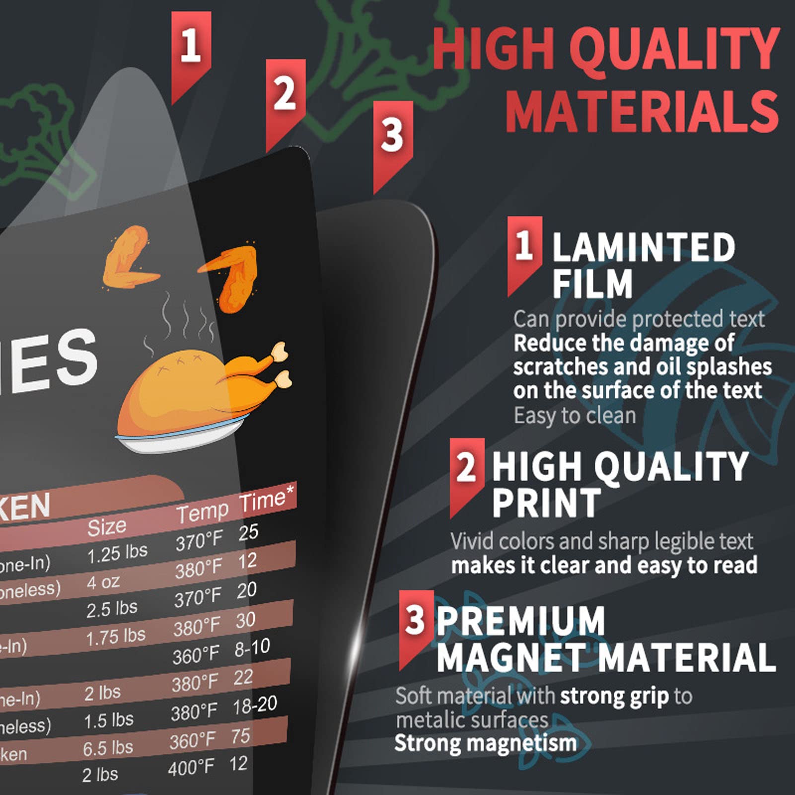 Air Fryer Magnetic Cheat Sheet Set - Cooking Times Chart & Recipe Guide | Perfect for Air Fryer Oven, Cooking Pot & Kitchen Appliances | Quick Reference for Meat Temps & Easy Meal Prep