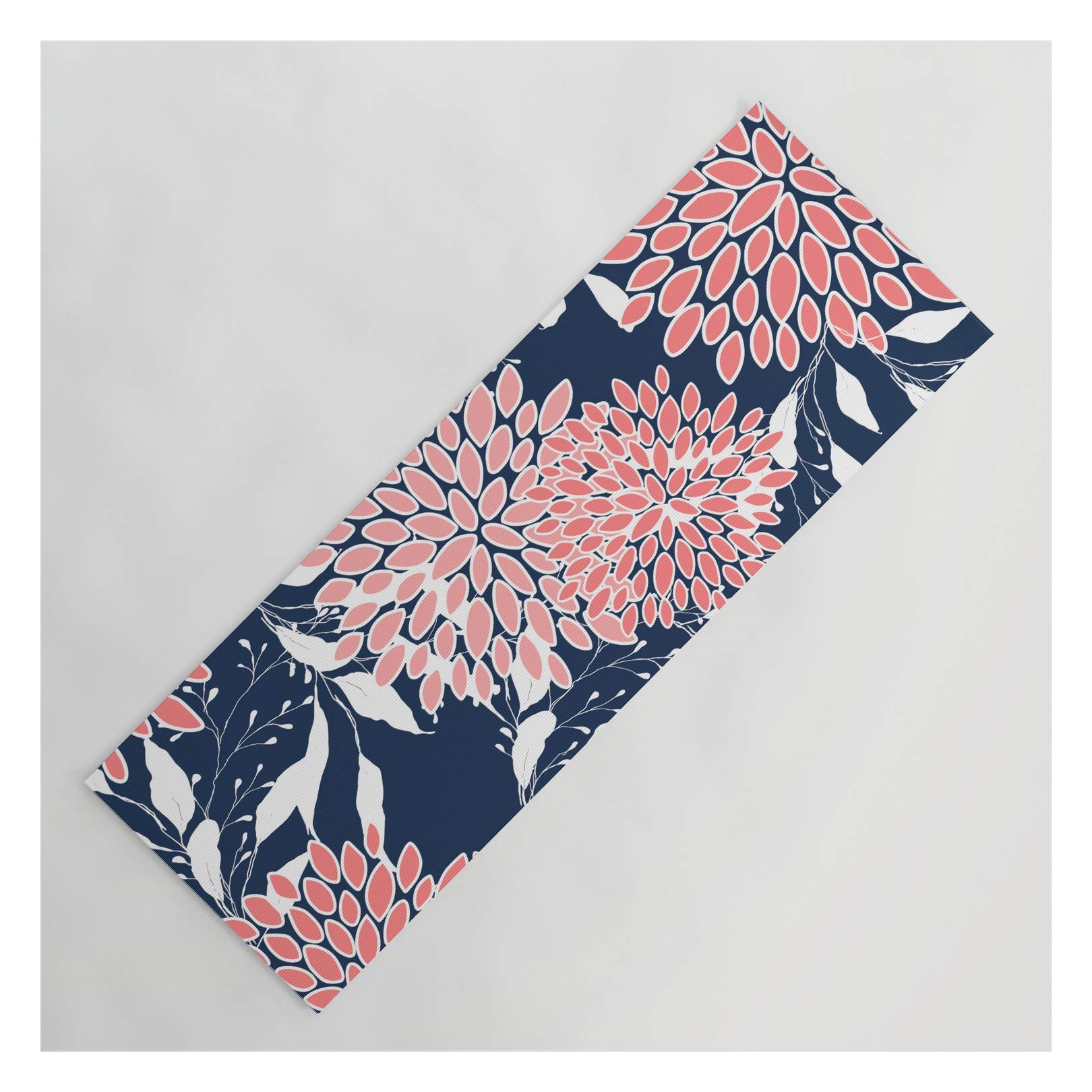 Premium Non-Slip Yoga Mat with Festive Floral & Leaf Print - 24x70 Inches, Pink White Navy Blue by Megan Morris - Perfect for Home, Studio & Outdoor Yoga Practice