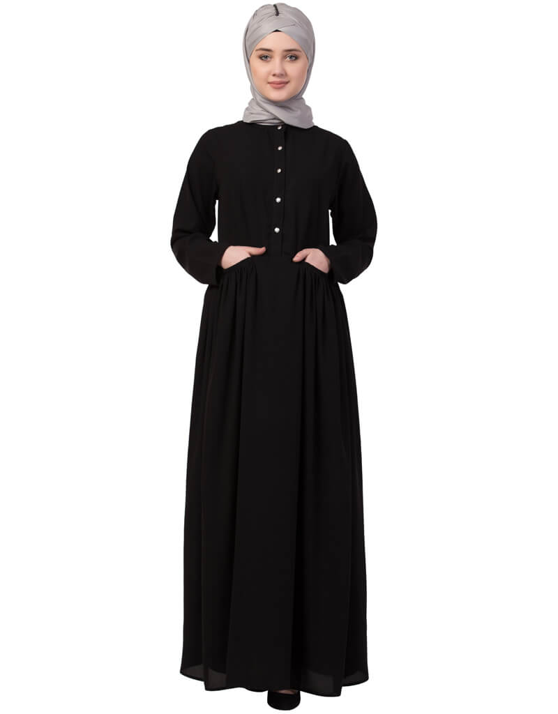 Elegant Black Arabic Front Gathered Pocket Casual Abaya Dress for Women - Perfect for Daily Wear, Prayer, and Special Occasions