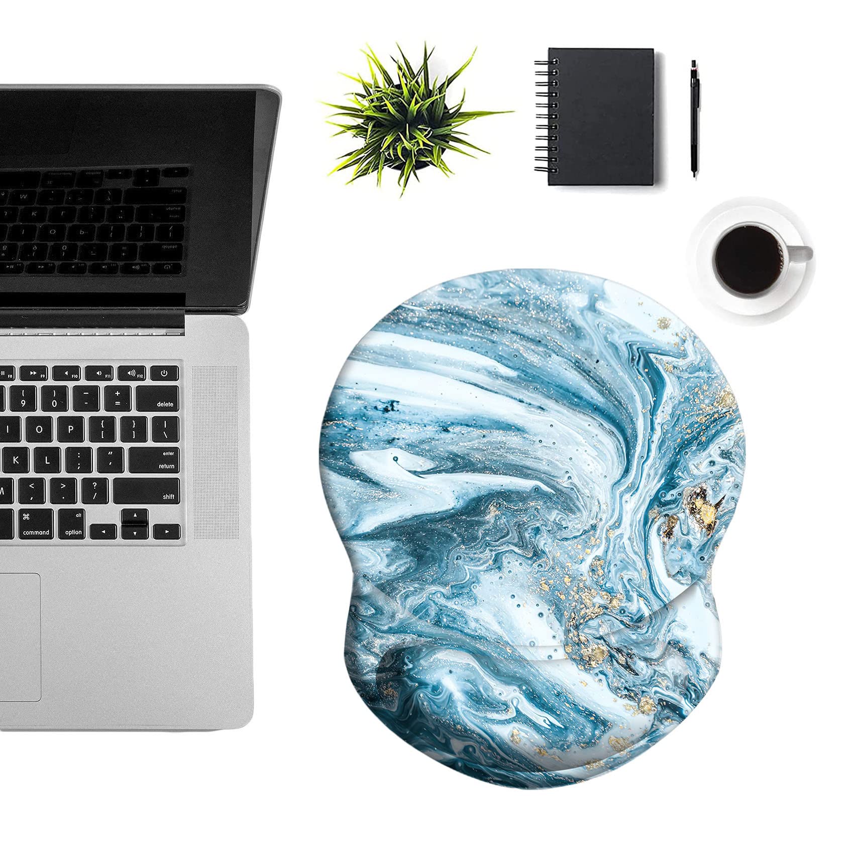 Ergonomic Mouse Pad with Wrist Support - Pain Relief & Comfortable PU Non-Slip Base for Home Office, Work, Study & Gaming - Gold Blue Marble Design for PC & Laptop Users