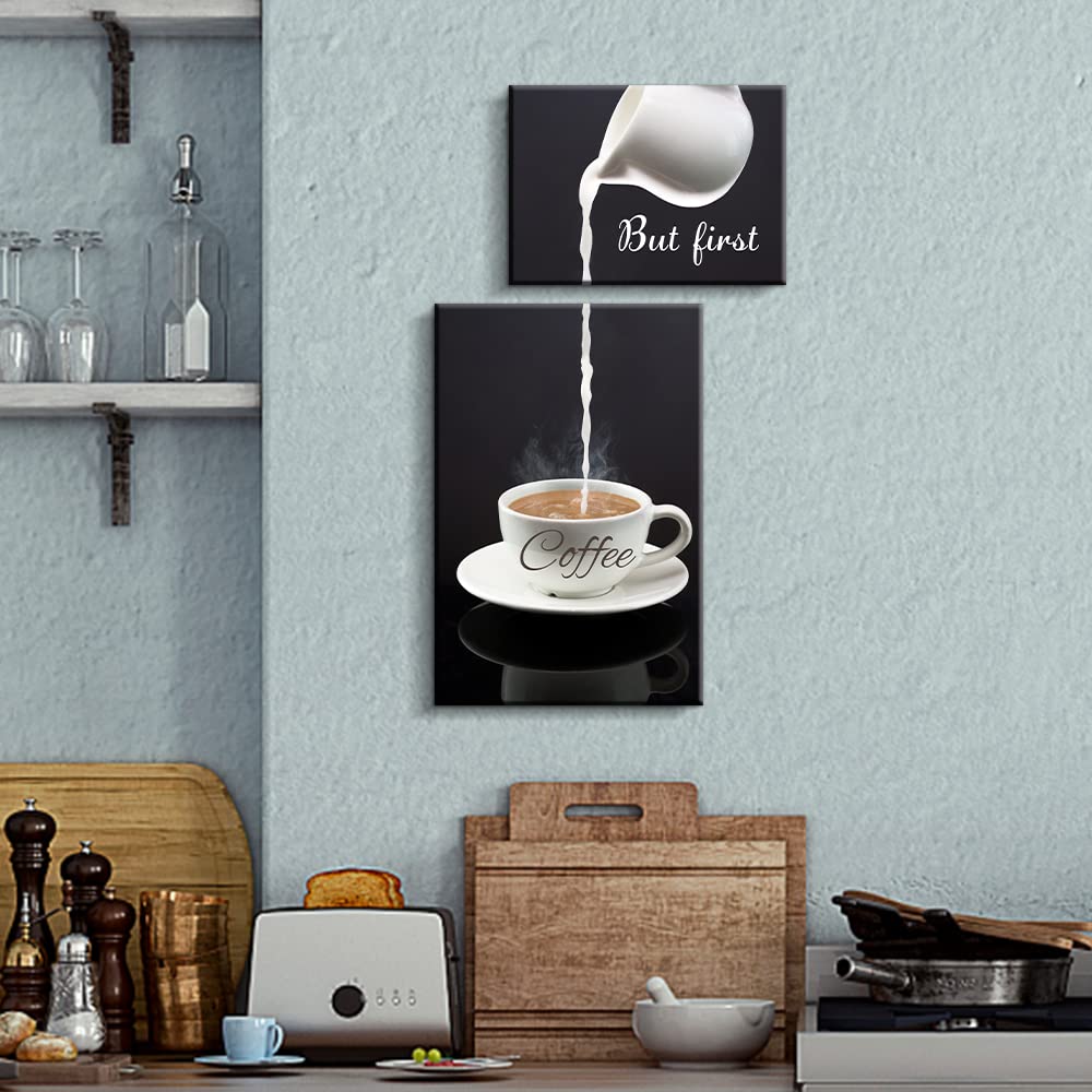 Pinetree Art Coffee Bar Wall Decor - But First Coffee Sign - Modern Kitchen Canvas Wall Art for Home & Dining Room - Perfect for Coffee Lovers & Home Décor