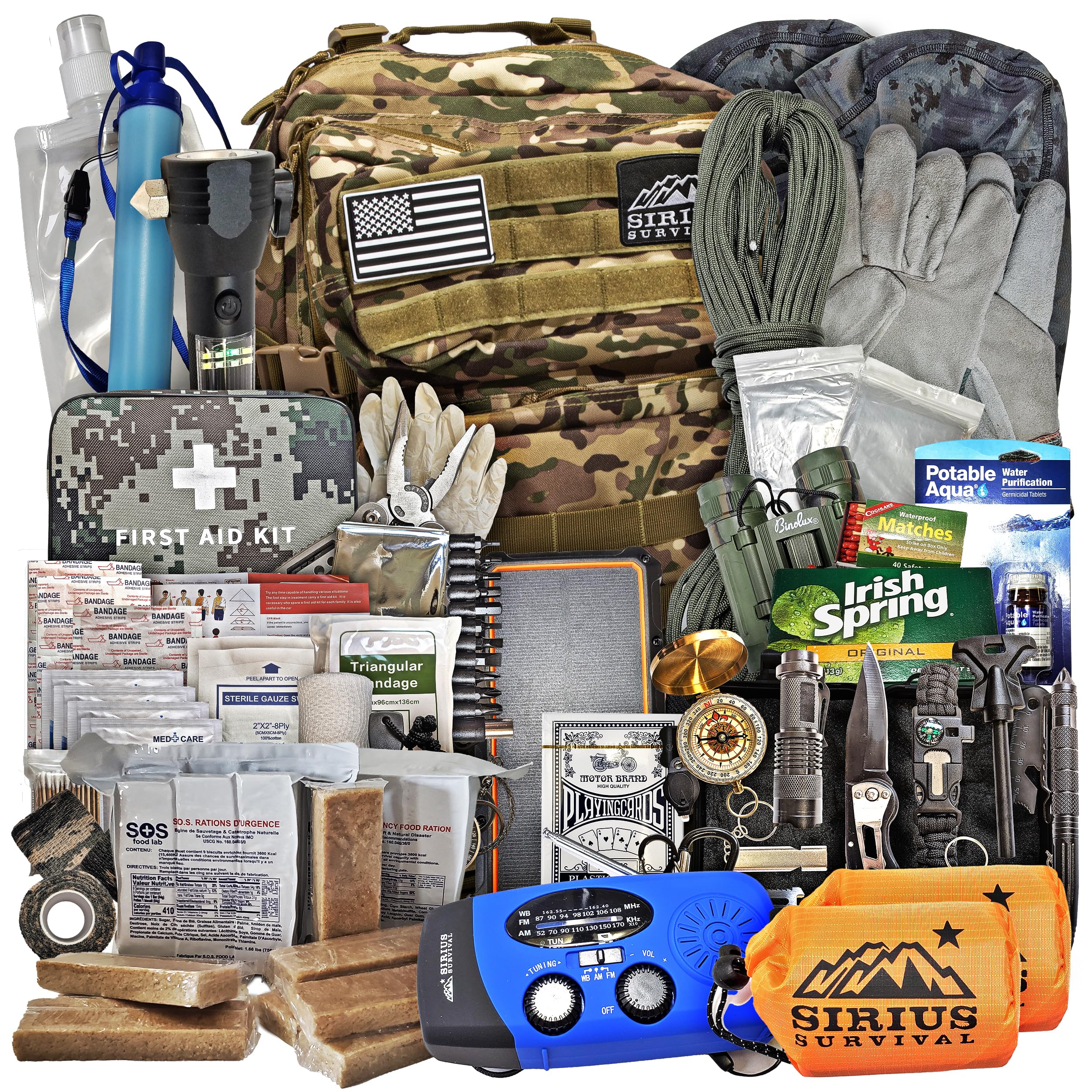 Sirius Premium 50L Tactical Bug Out Backpack - 72 Hour Survival Kit for 2 People - Emergency Go Bag with Essential Gear - Perfect for Outdoor Adventures, Camping & Disaster Preparedness