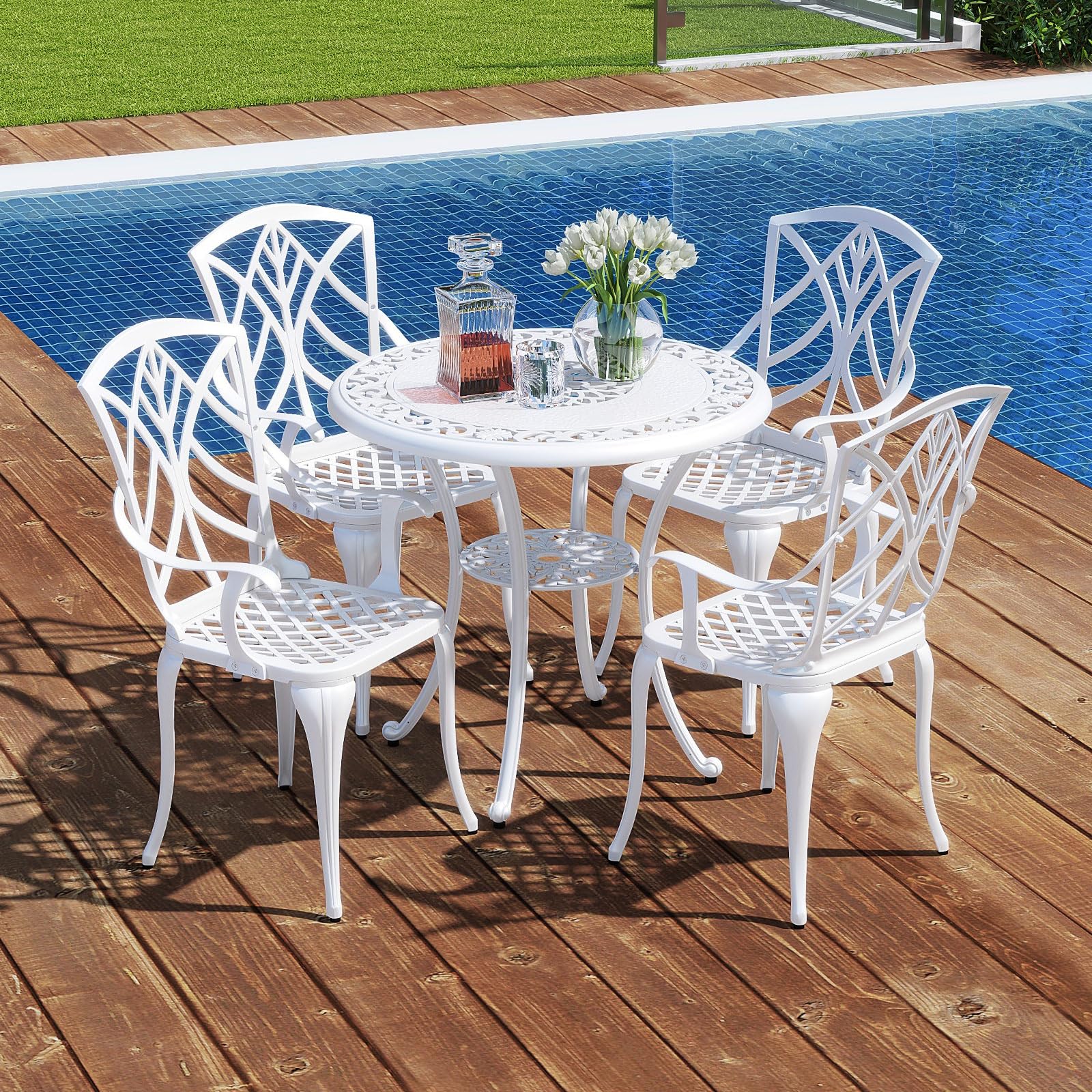 Tangkula 5-Piece Cast Aluminum Outdoor Dining Set - Round Table with 2” Umbrella Hole & 4 Armchairs, All-Weather Patio Furniture for Garden, Backyard, Balcony (White) - Perfect for Outdoor Entertaining & Relaxation