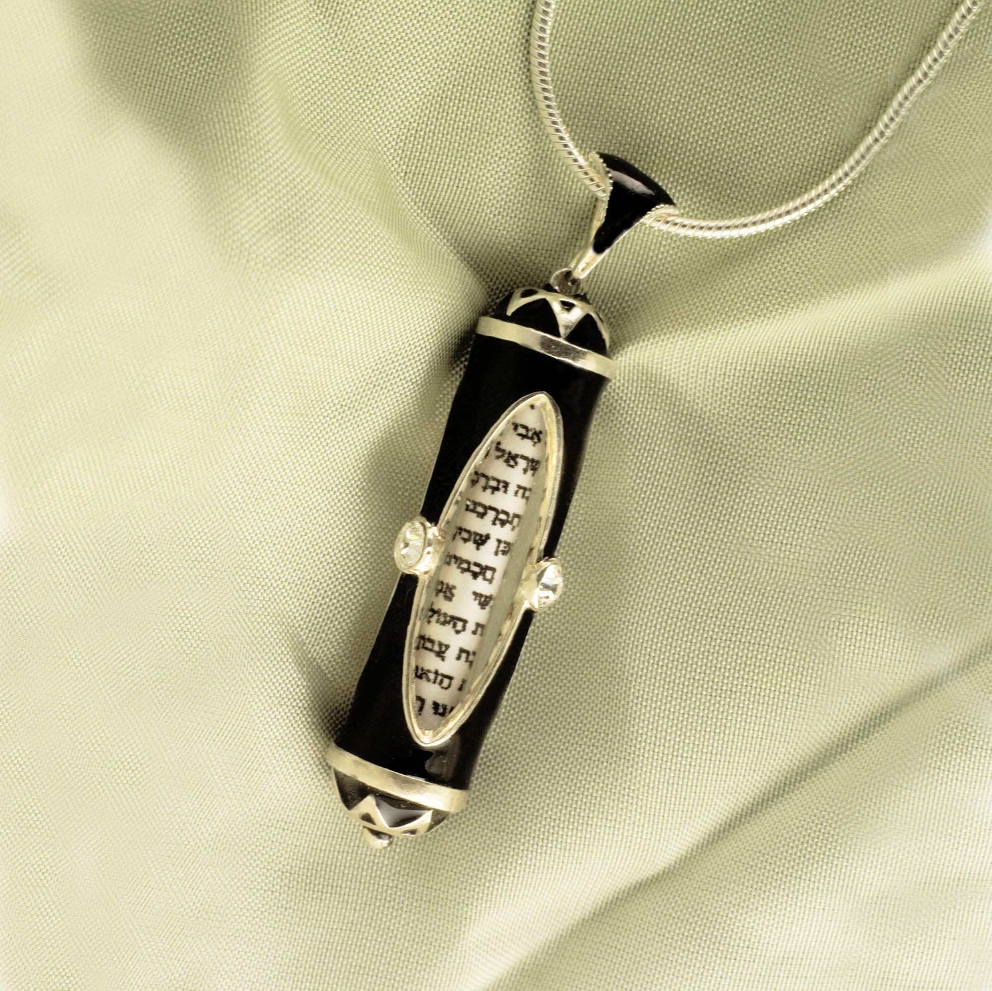 925 Sterling Silver Mezuzah Necklace with Black Enamel & Crystals, Jewish Prayer Pendant for Men and Women, Oval Window Design, Perfect for Religious Gifts and Daily Wear