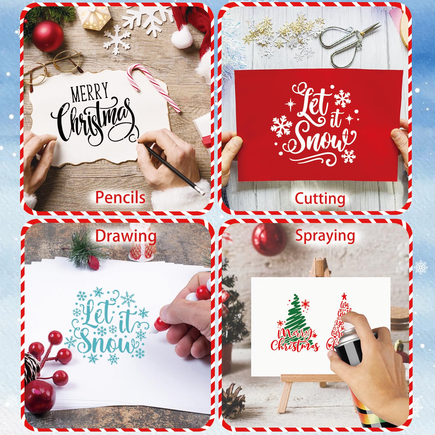 9 Pcs Reusable Merry Christmas Stencils for Crafts - Let It Snow Holiday Painting Templates for Wood, Windows, Cards & Scrapbooking (6x5 Inch) - Perfect for DIY Christmas Decorations, Gift Wrapping & Holiday Projects