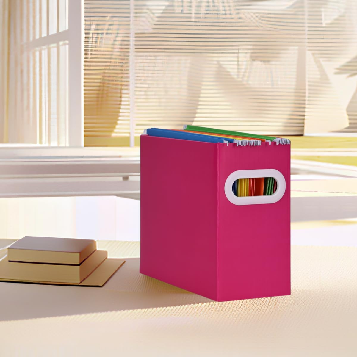 XiePiPi Collapsible Cardboard Hanging File Folders Organizer - Letter Size Portable File Storage Box with Handles for Office, School & Home (4-Pack, Magenta) - Perfect for Desk Organization, Document Storage & Workspace Decluttering