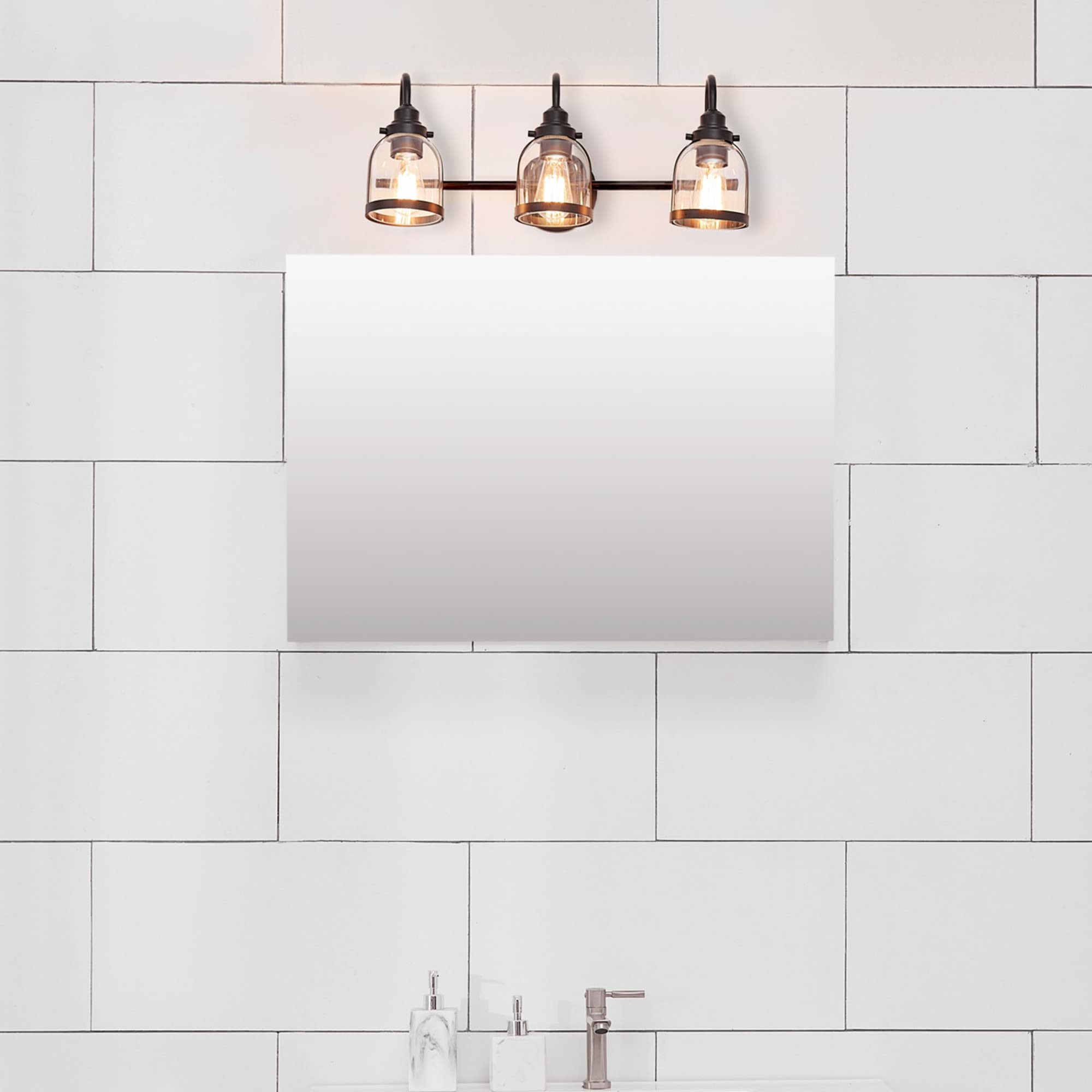 Globe Electric 52064 Devonport 5-Piece Bathroom Set - Matte Black Finish with 3-Light Vanity, Clear Glass Shades, Towel Bar, Ring, Robe Hook & Toilet Paper Holder | Modern Bathroom Lighting & Accessories for Home Renovation & Spa-Style Decor
