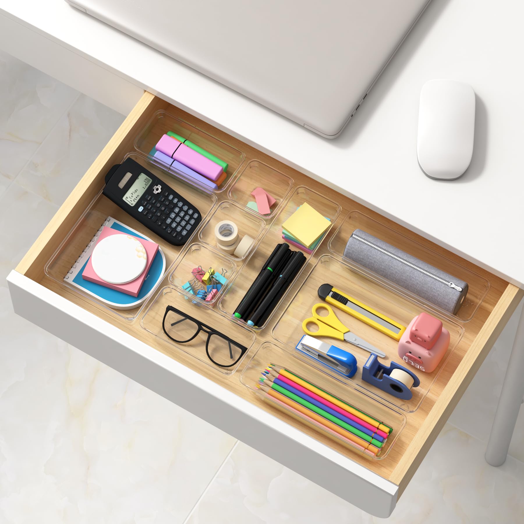 JIUYOTREE 15-Piece Clear Plastic Drawer Organizer Set - 4 Sizes for Makeup, Jewelry, Office & Bathroom Storage - Perfect for Vanity, Dresser, and Desk Organization