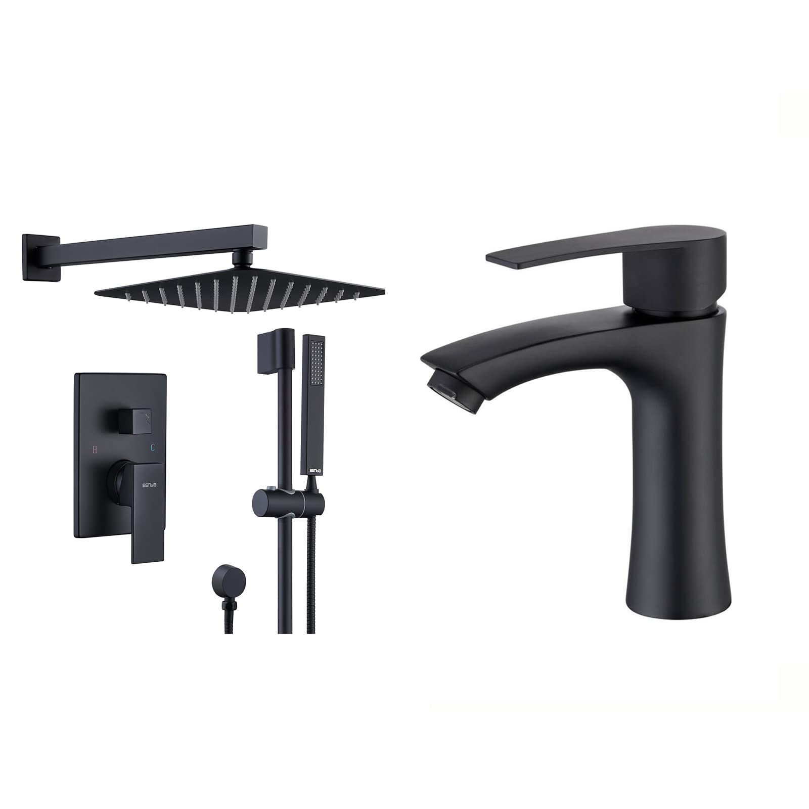 ESNBIA 10-Inch Matte Black Slide Bar Shower Faucet with Valve & Stainless Steel Bathroom Sink Faucet - Modern Bathroom Fixture for Spa-Like Shower Experience