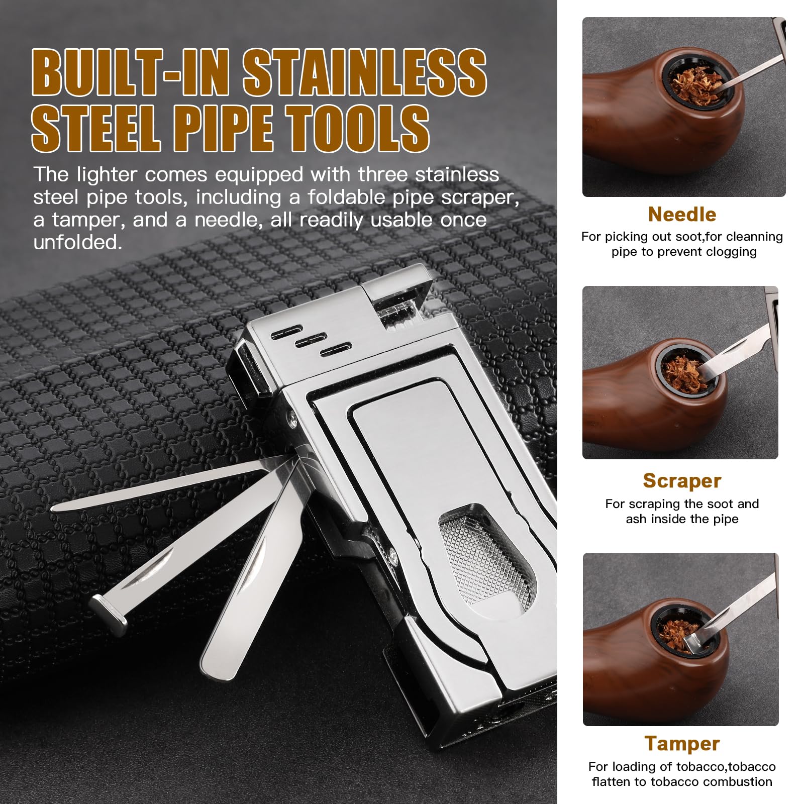 Refillable Butane Pipe Lighter with Stand - 5-in-1 Soft Flame Lighter with Stainless Steel Pipe Tools & Cleaner - Portable Indoor/Outdoor Use for Smoking Accessories - Great Gift Box Included
