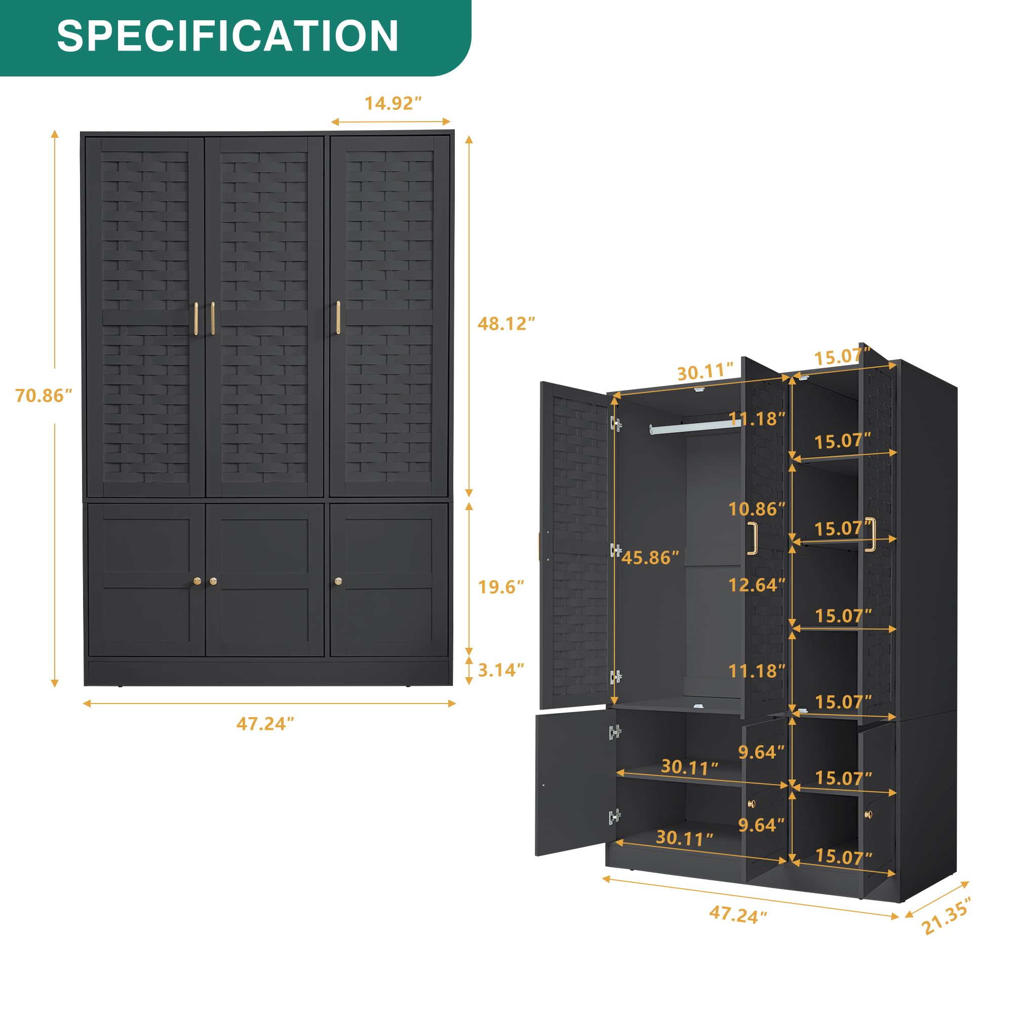 LEVNARY 6-Door Woven Wardrobe Closet - Walnut Armoire Cabinet with Adjustable Shelves & Hanging Rail | High-Capacity Freestanding Bedroom Storage | Perfect for Small Spaces & Apartment Organization (Black)