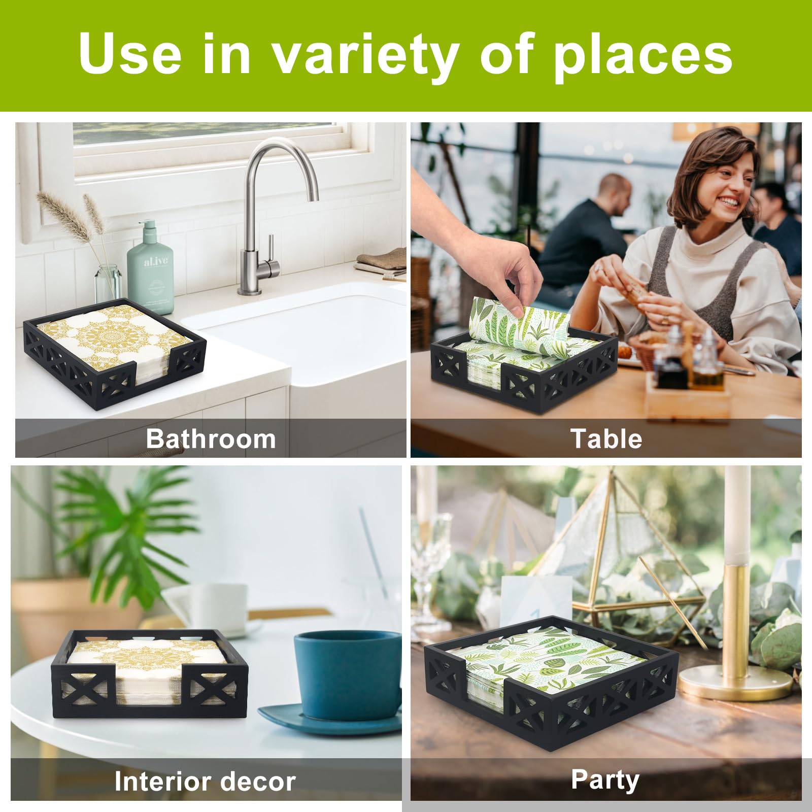 Square Wooden Boho Napkin Holder - Flat Table Tray for Paper & Cloth Napkins, Kitchen & Bathroom Counter Organizer - Perfect for Dining Table, Cocktail Party & Home Decor