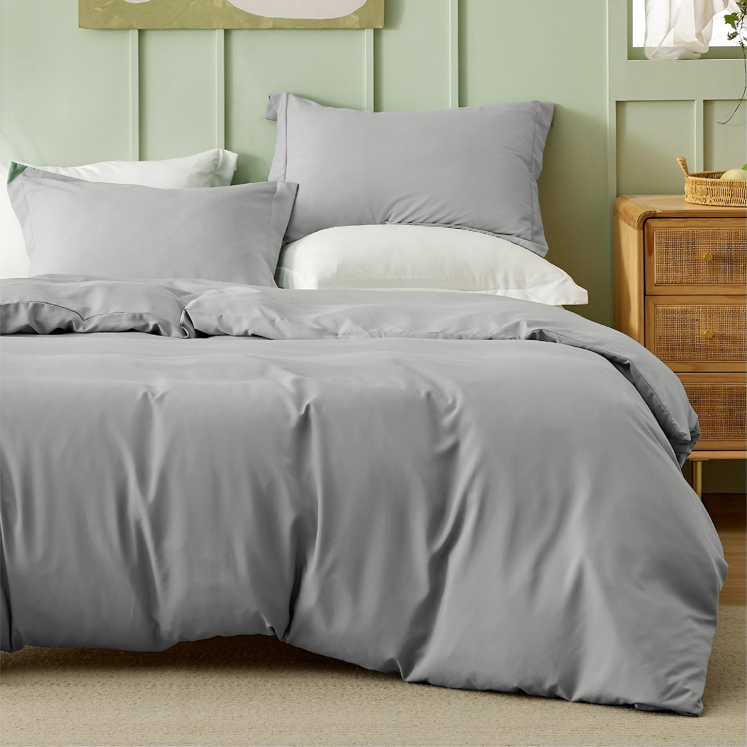 Bedsure Cooling Queen Duvet Cover Set - 3 Piece Grey Bamboo Rayon & Polyester Bedding Set with Zipper Closure (90x90 inches) + 2 Pillow Shams | Soft, Breathable & Temperature Regulating for All-Season Comfort | Perfect for Hot Sleepers, Guest Rooms & Modern Bedrooms