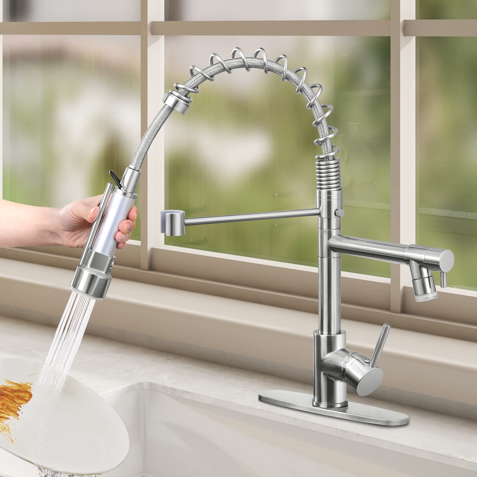 KZH Commercial Single Handle Stainless Steel Kitchen Faucet with Pull Down Sprayer, LED Light & Deck Plate - Brushed Nickel Finish for Modern Kitchens | Perfect for Restaurants, Home Chefs & High-Traffic Sinks