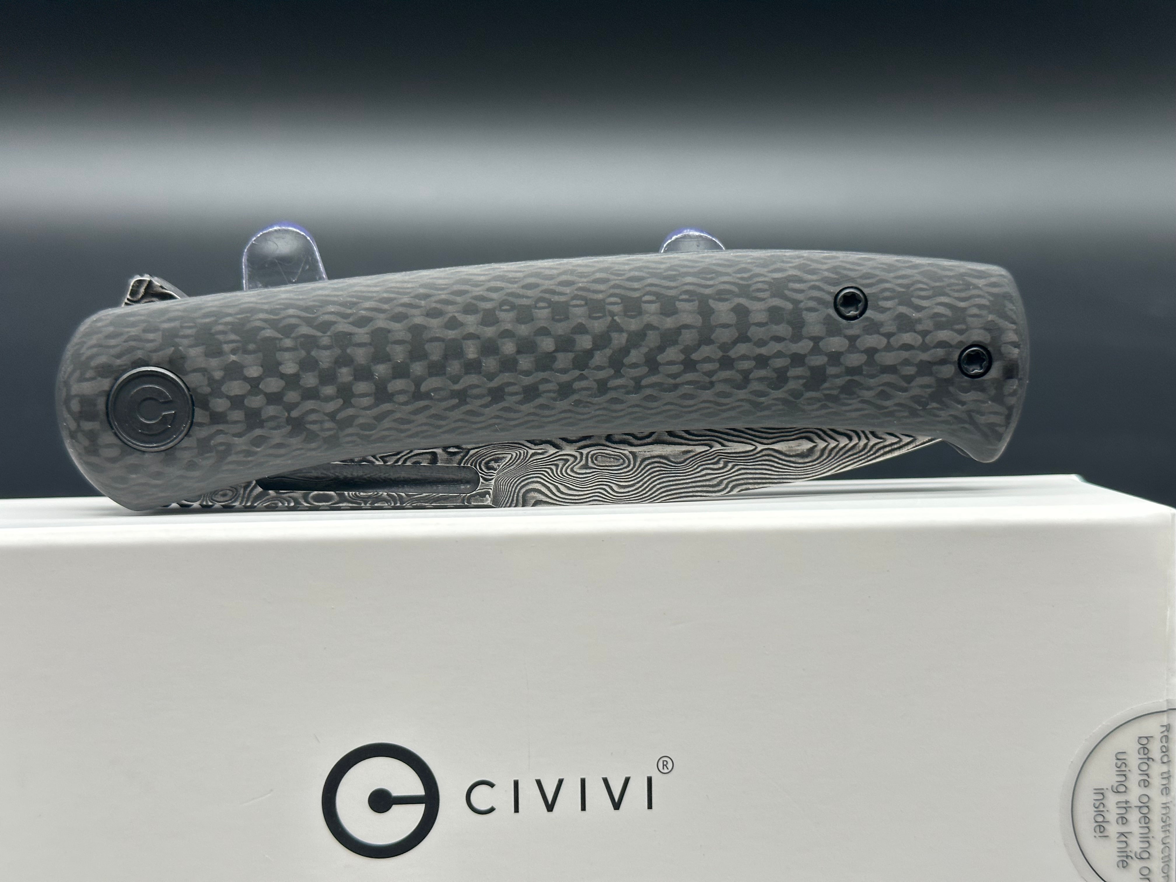 Civivi Caetus Folding Knife - Black Hand-Rubbed Damascus Blade & Twill Carbon Fiber Handle - EDC Pocket Knife for Outdoor, Camping, and Everyday Carry