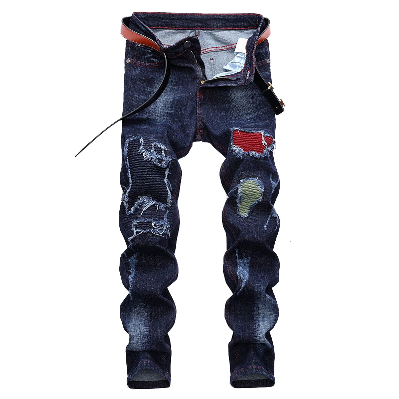 **AmarRY Men's Slim Fit Zipper Pants - Ruched Denim Jeans with Pencil Pocket | Casual Solid Color Trousers for Everyday Wear & Street Style**