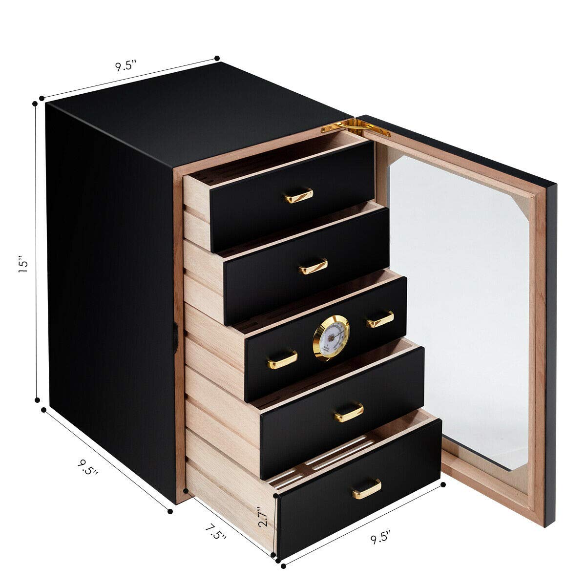 Premium Walomes 130-Cigar Humidor with Glass Door & 5 Drawers - Includes Hygrometer & Humidifier for Perfect Cigar Storage - Ideal for Office, Home Bar, or Man Cave Display