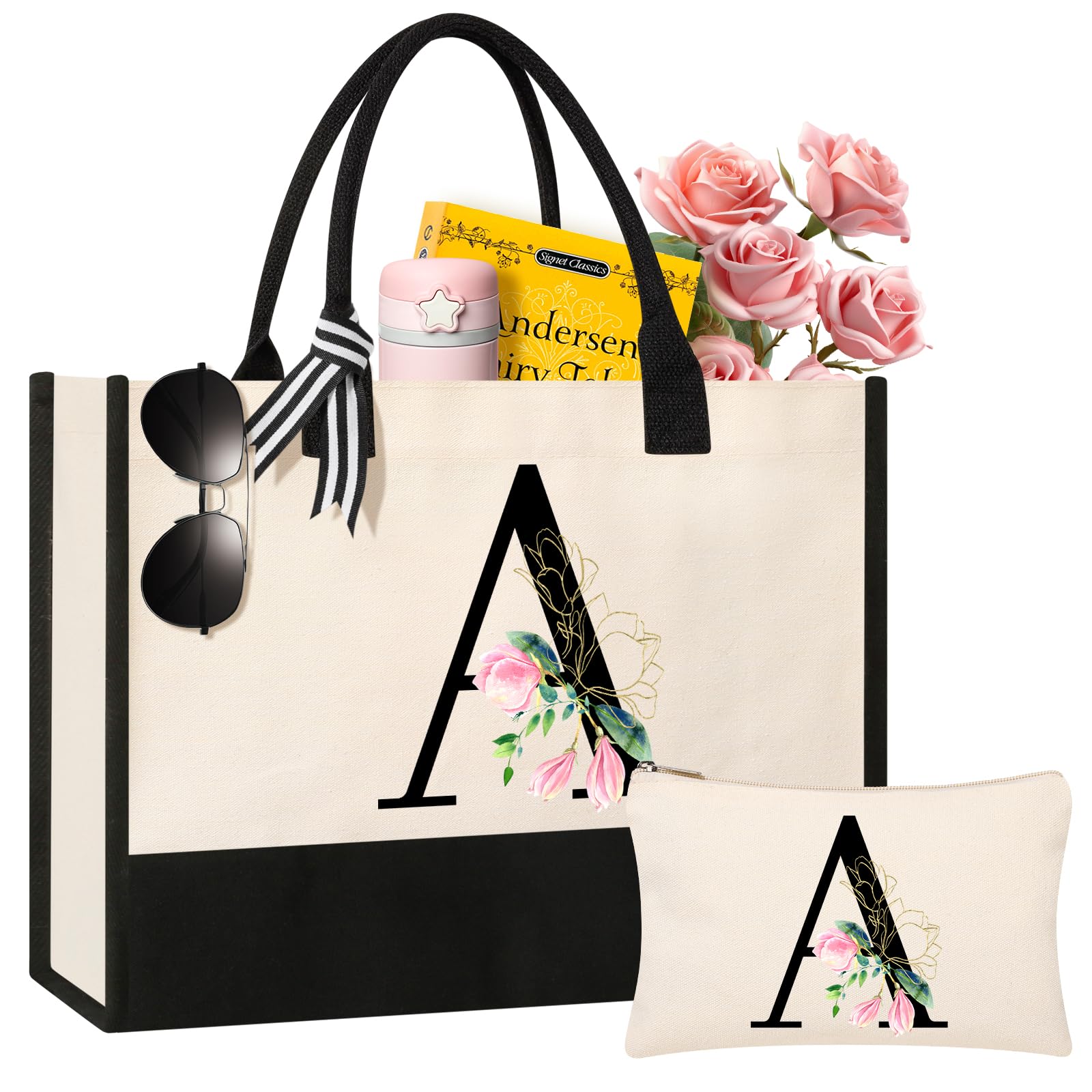 AYGE Personalized Initial Canvas Beach Tote Bag - Custom Monogrammed Gifts for Women, Makeup Bag, Birthday Present for Sister, Mom, Teacher & Bridesmaid - Perfect for Beach Trips, Shopping & Everyday Use