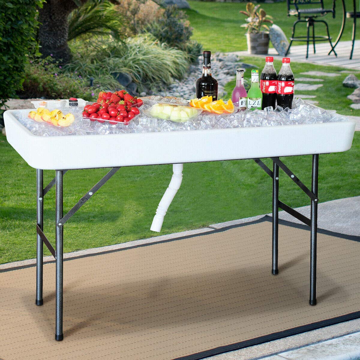 Walomes 4 Foot Folding Party Ice Cooler Table with Matching Skirt - White Plastic Outdoor Picnic Table for BBQ, Tailgating & Camping