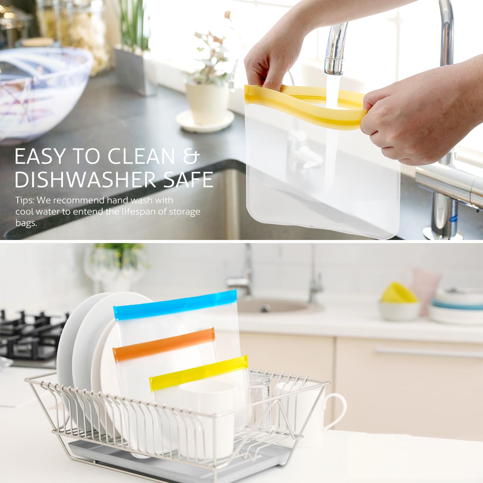 Eco-Friendly Reusable Silicone Food Storage Bags - 10 Pack Dishwasher Safe Freezer Bags (3 Sizes) for Meal Prep, Marinating Meats, Snacks & Travel | Perfect for Kitchen Organization & On-the-Go Lunches