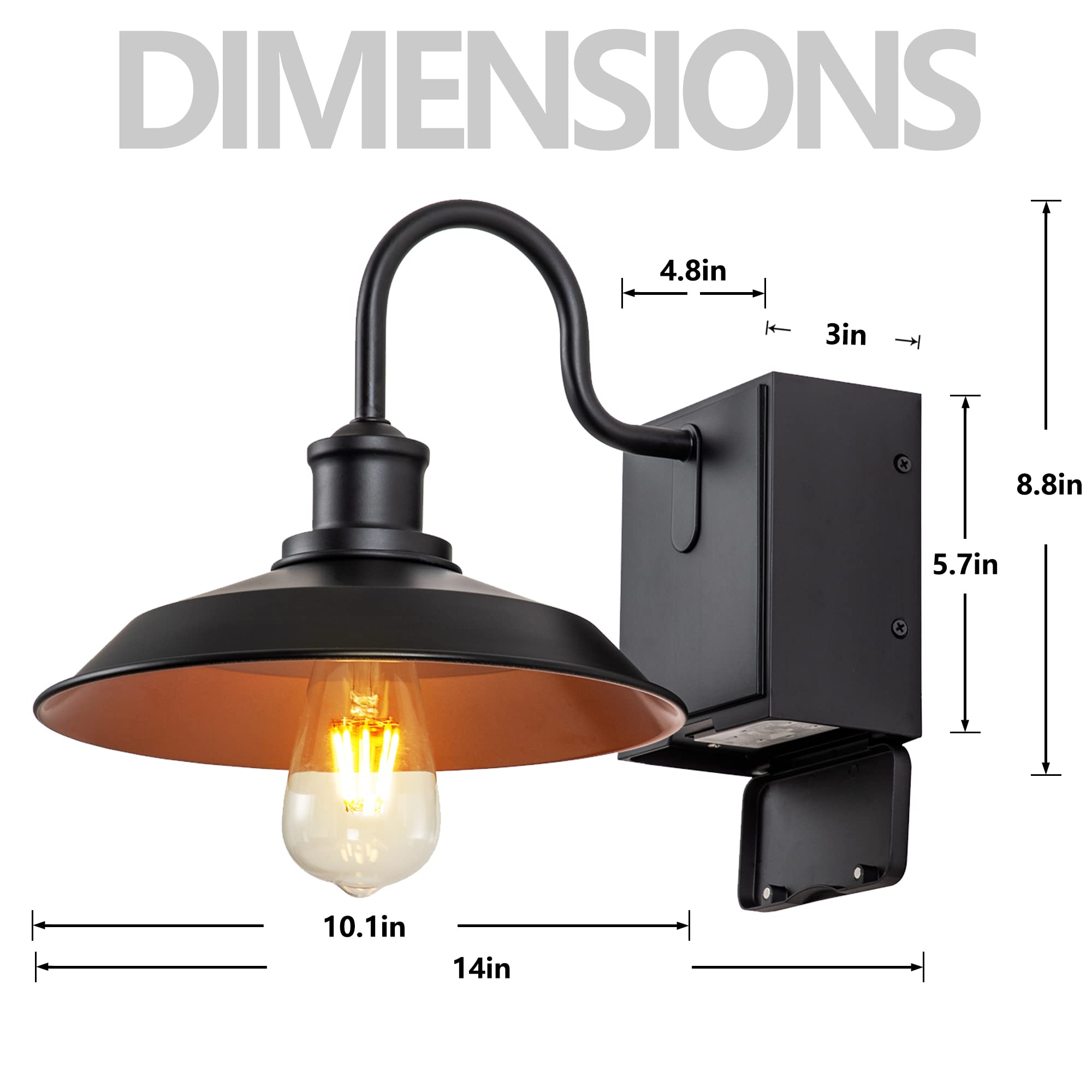 OUPAVOCS Black Waterproof Outdoor Wall Light Fixture with GFCI Outlet - Industrial Farmhouse Porch Light for Exterior, Barn, Garage, Patio - Durable Weatherproof Sconce for Home & Garden Lighting