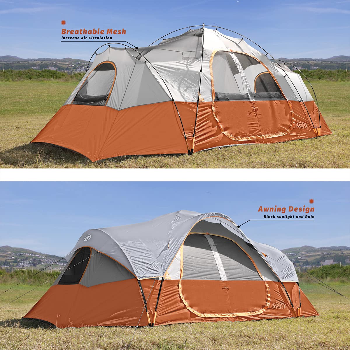 UNP 10-Person Family Camping Tent - Large Easy Setup 2-Room Shelter with 5 Mesh Windows | Waterproof & Weather Resistant (18'x9'x78