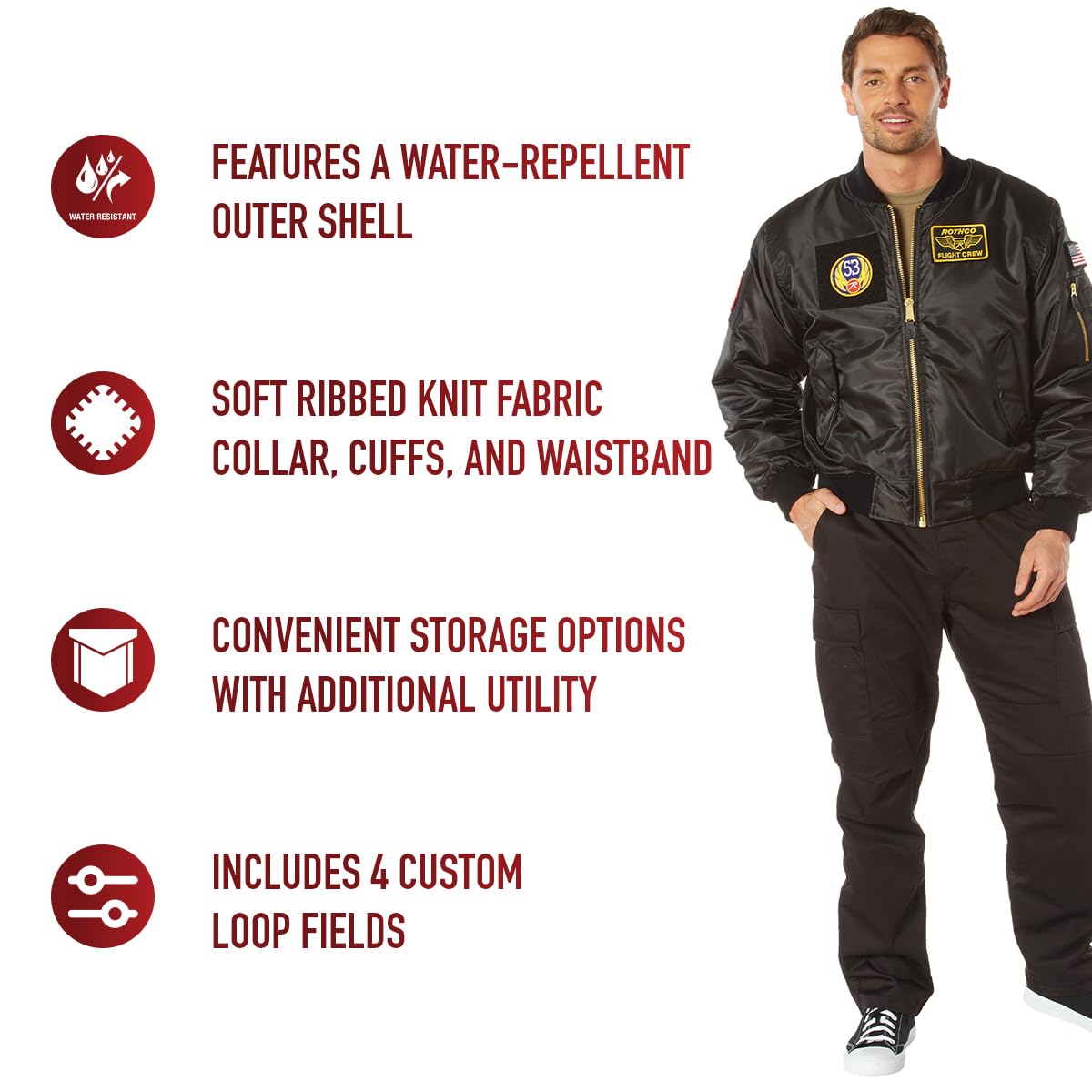 Rothco Classic Cold Weather Bomber Flight Jacket with Morale Patches - Warm Military Style Aviator Jacket for Men & Women - Perfect for Outdoor Adventures, Airsoft, and Winter Fashion