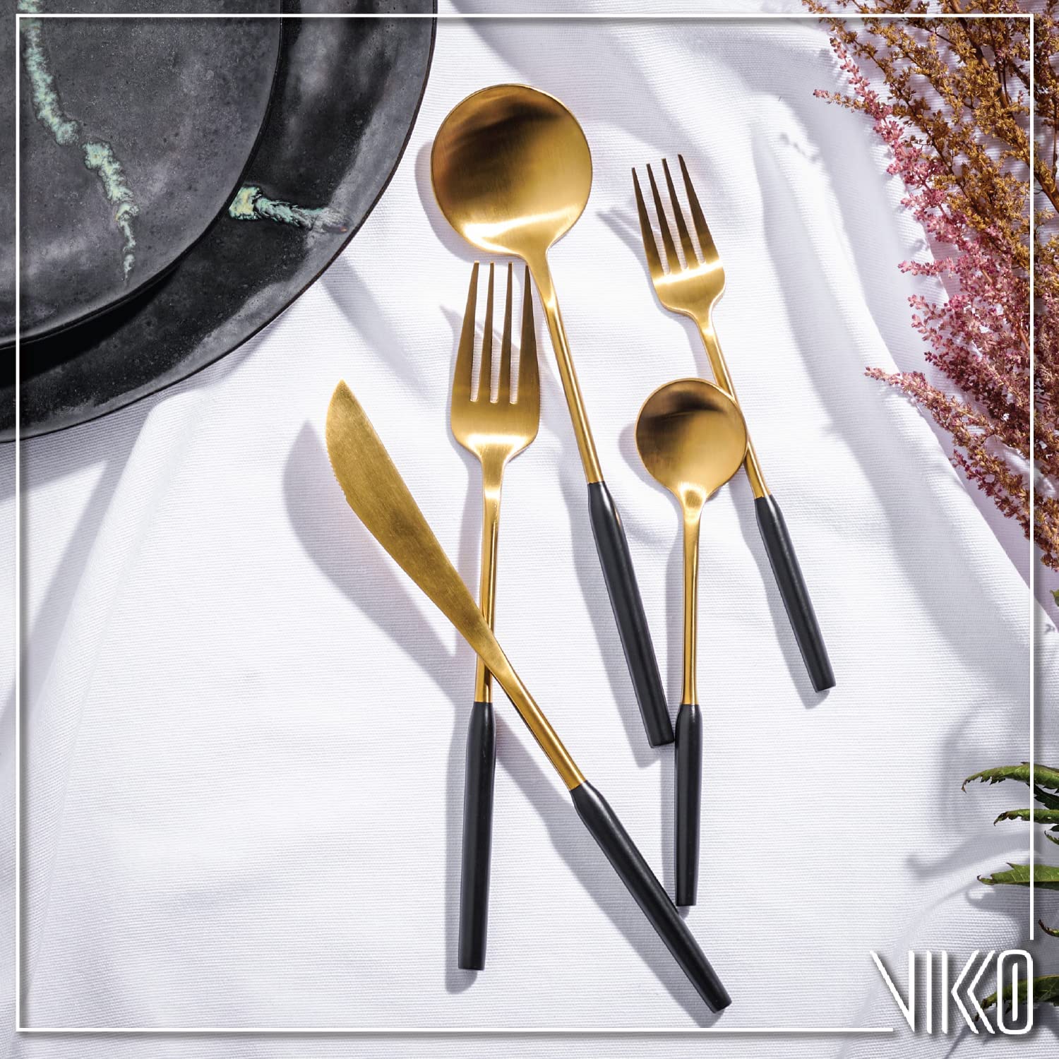 Vikko Dine Modern Silverware Set - 20-Piece Brushed Black & Gold Flatware Set - 18/10 Stainless Steel Cutlery for 4 People - Elegant Dinnerware for Upscale Dining, Wedding Gifts & Home Entertaining - Matte Finish Durable Utensils for Restaurants & Special Occasions